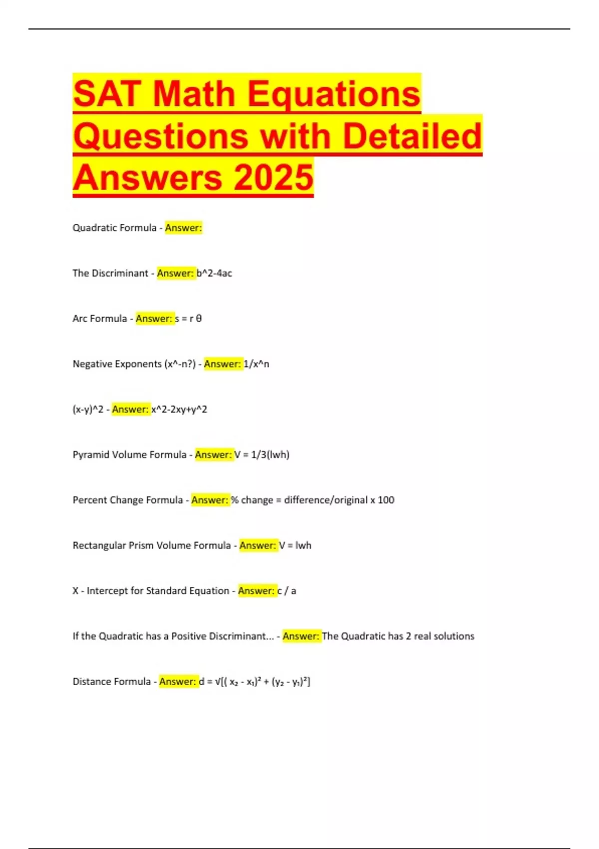 SAT Math Equations Questions with Detailed Answers 2025 - SAT math ...