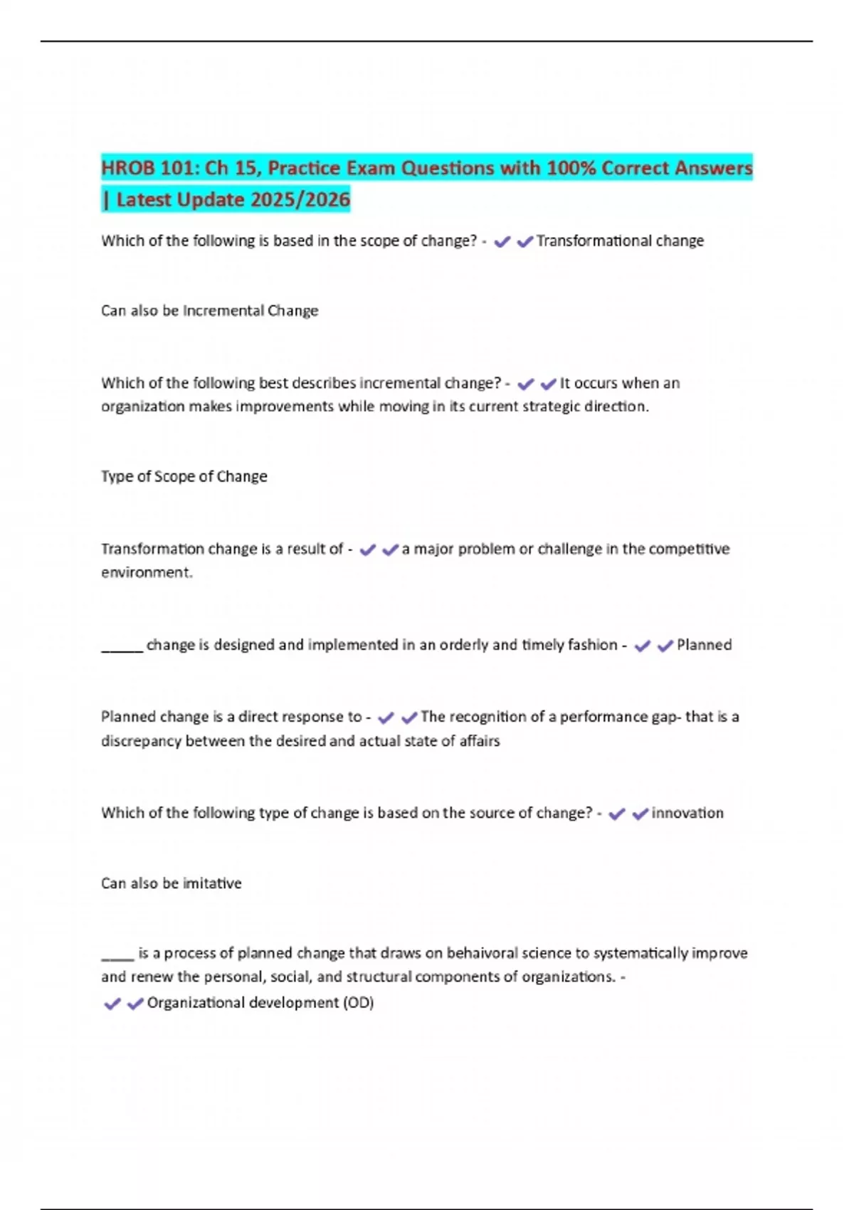 HROB 101: Ch 15, Practice Exam Questions with 100% Correct Answers ...