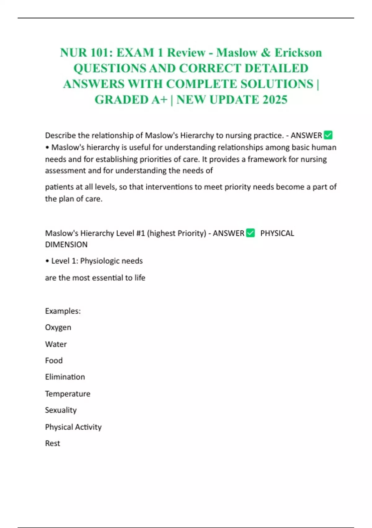 NUR 101: EXAM 1 Review - Maslow & Erickson QUESTIONS AND CORRECT ...