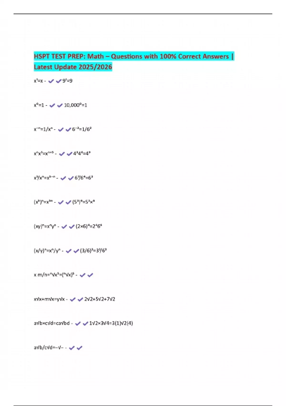 HSPT TEST PREP: Math – Questions with 100% Correct Answers | Latest ...