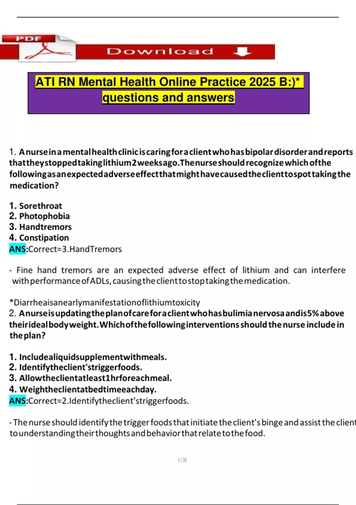 ATI RN Mental Health Online Practice 2025 B:)* questions and answers ...