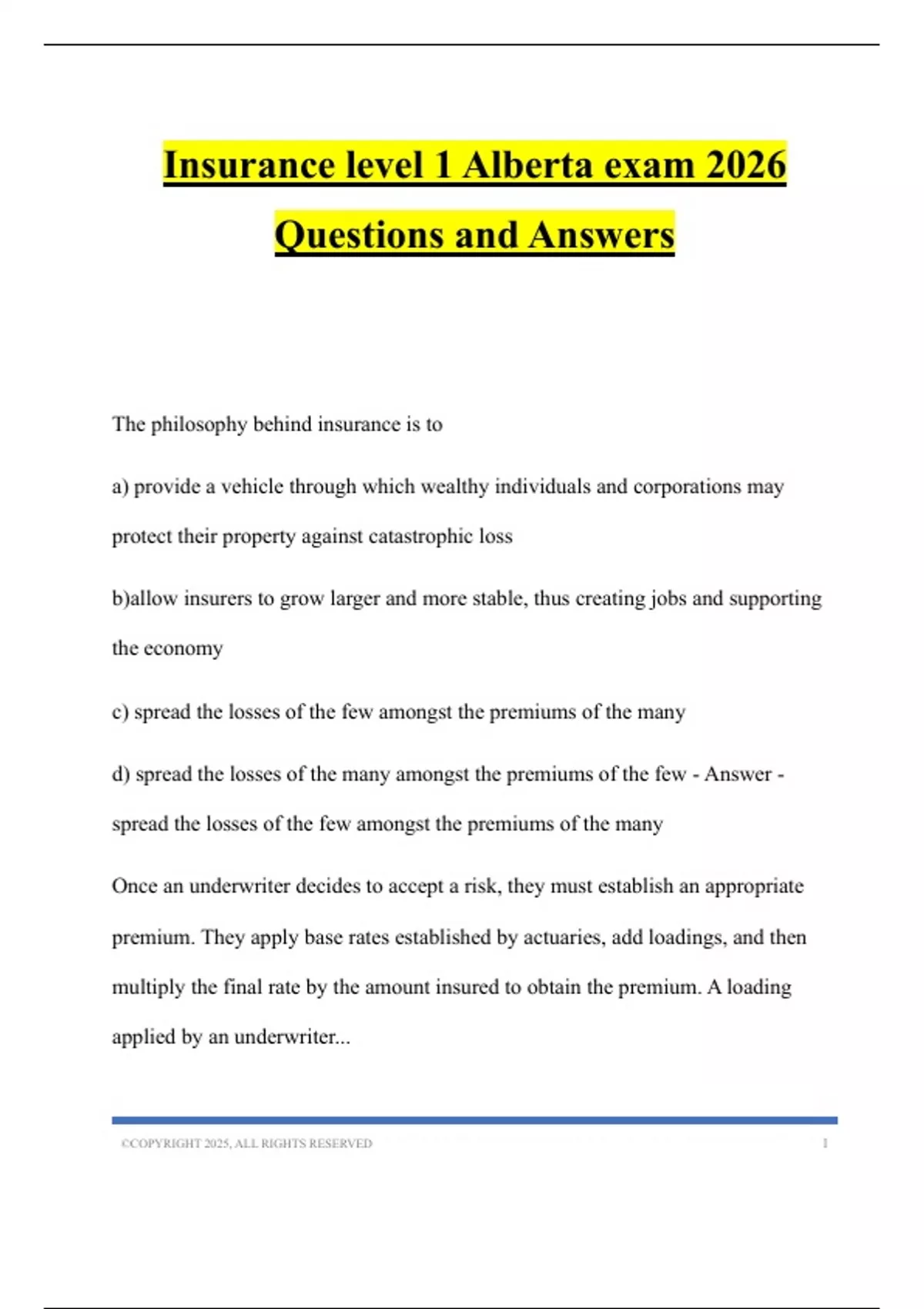 Insurance level 1 Alberta exam 2026 Questions and Answers - Alberta ...