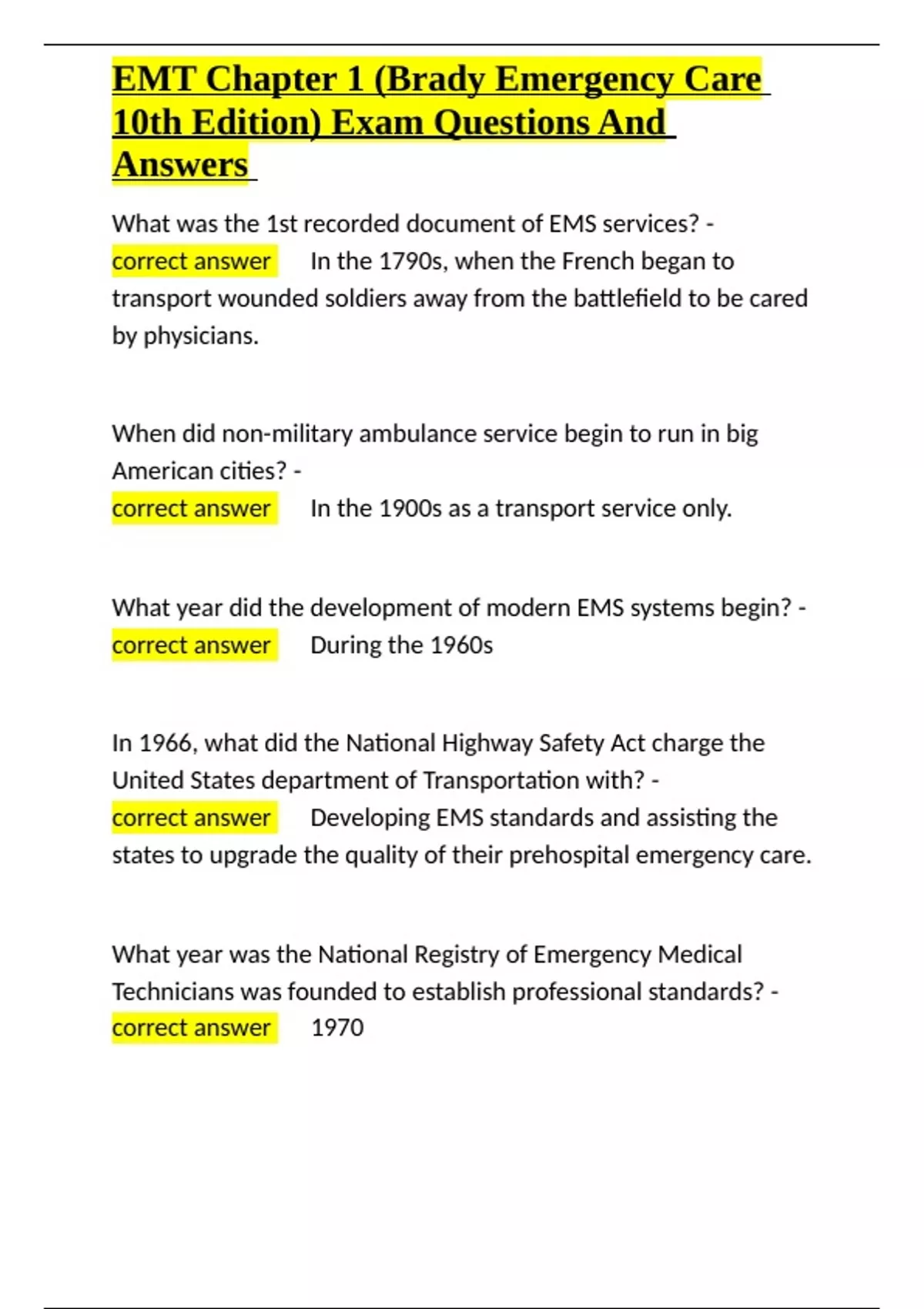 EMT Chapter 1 (Brady Emergency Care 10th Edition) Exam Questions And ...