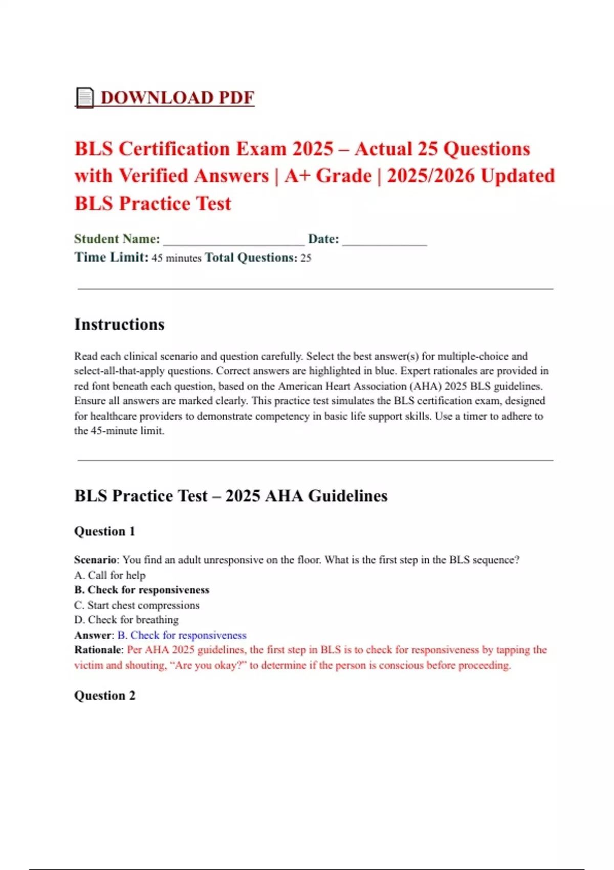 BLS Certification Exam 2025 – Actual 25 Questions with Verified Answers ...