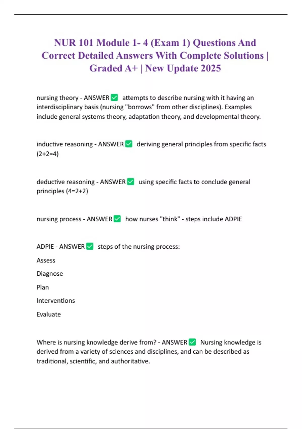 NUR 101 Module 1- 4 (Exam 1) Questions And Correct Detailed Answers ...