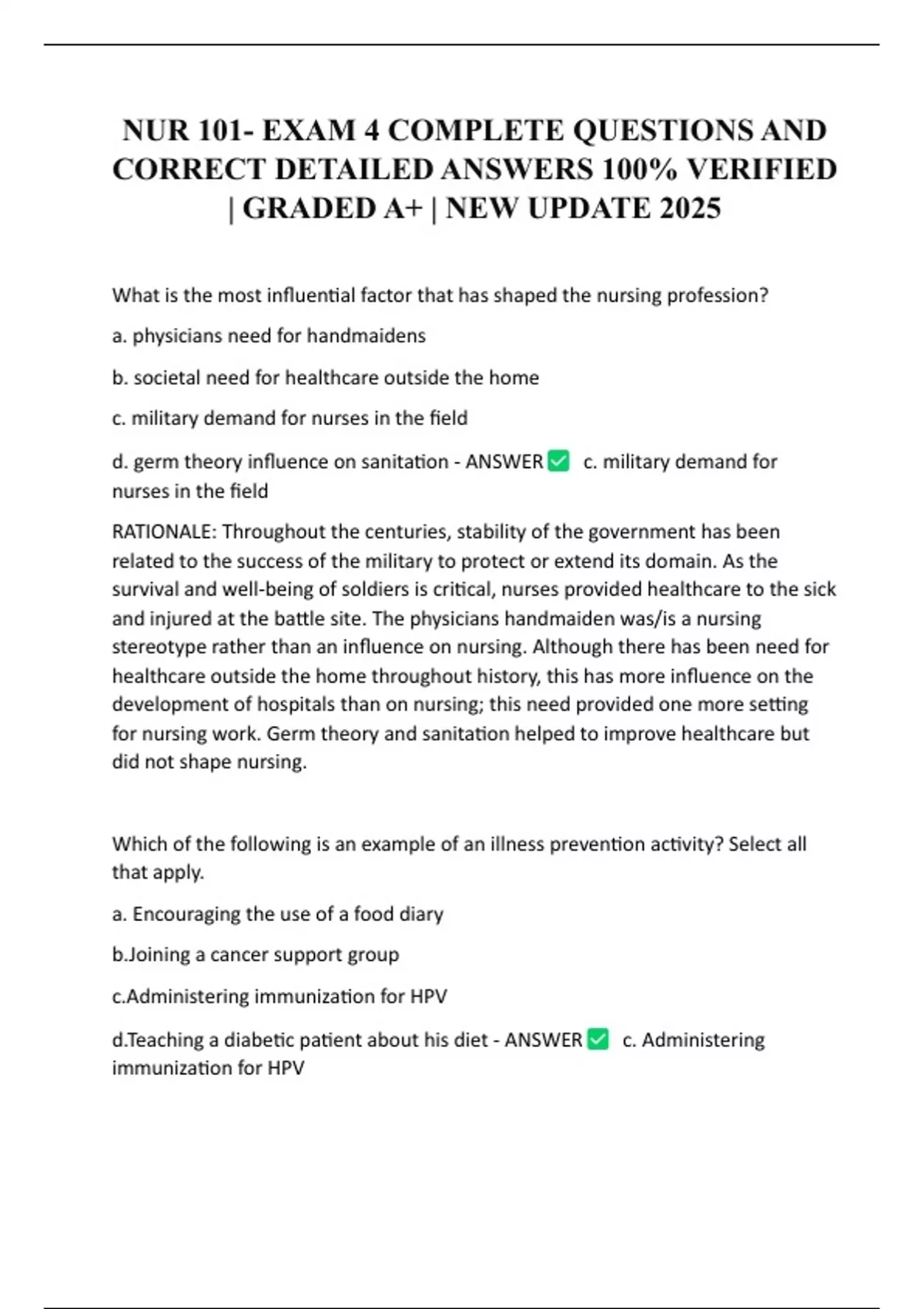 NUR 101- EXAM 4 COMPLETE QUESTIONS AND CORRECT DETAILED ANSWERS 100% ...