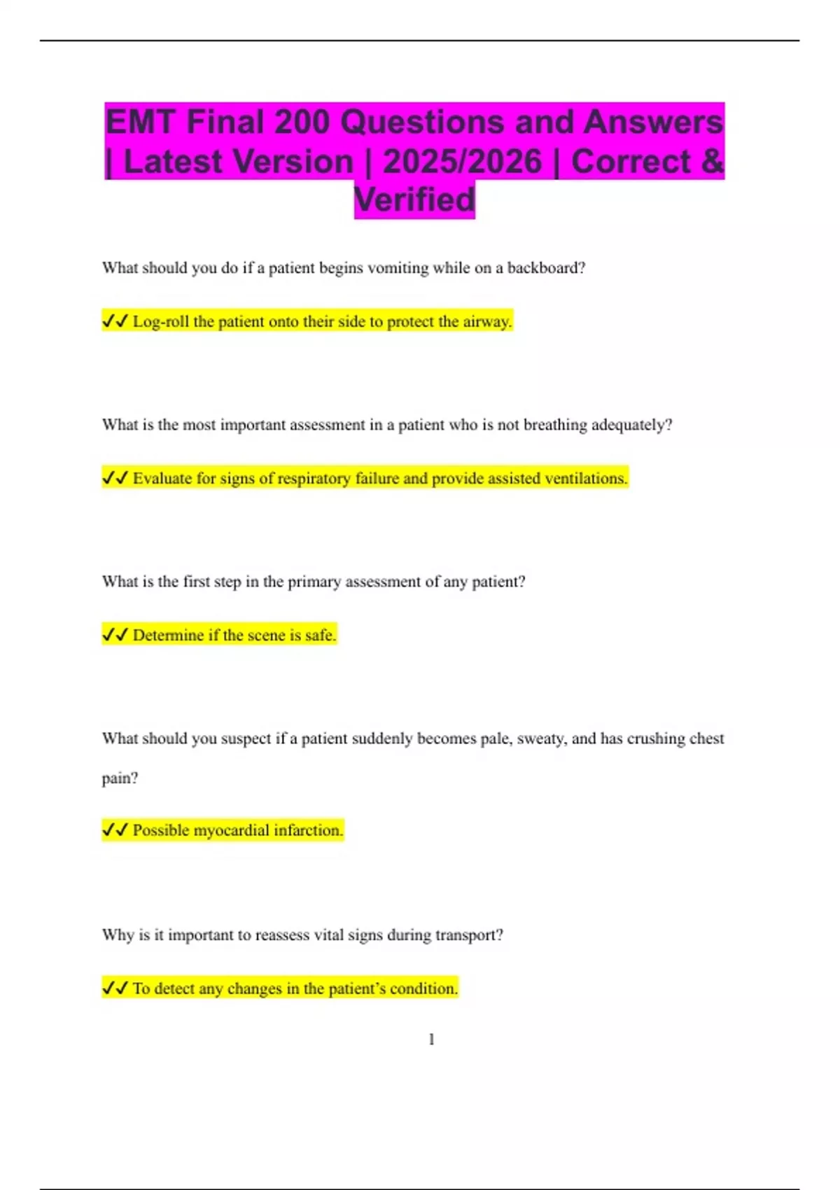 EMT Final 200 Questions and Answers | Latest Version | 2025/2026 ...