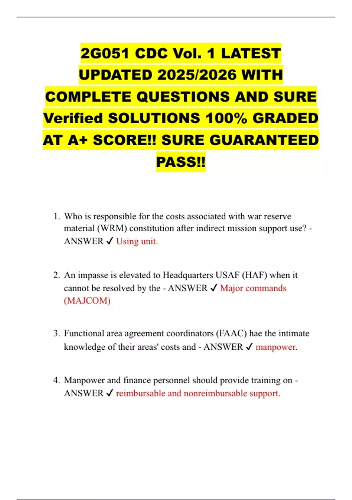 2G051 CDC Vol. 1 LATEST UPDATED 2025/2026 WITH COMPLETE QUESTIONS AND ...