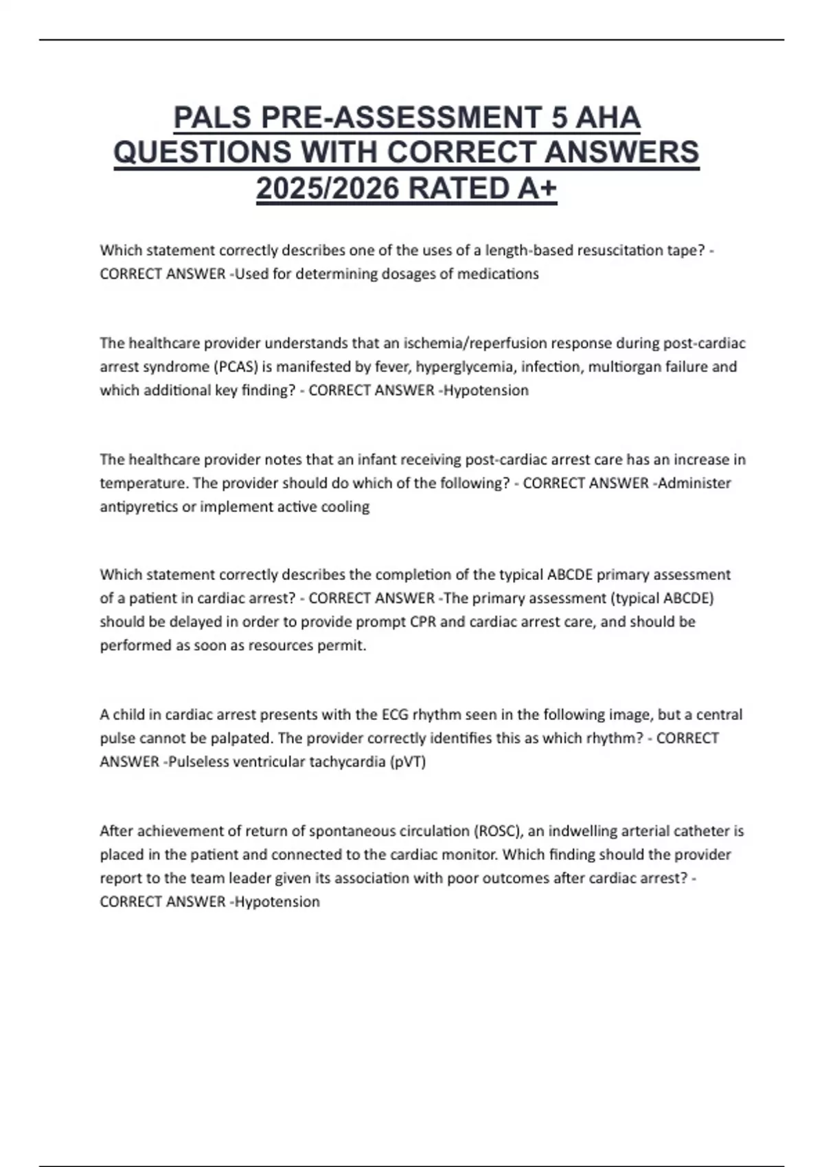 PALS PRE-ASSESSMENT 5 AHA QUESTIONS WITH CORRECT ANSWERS 2025/2026 ...