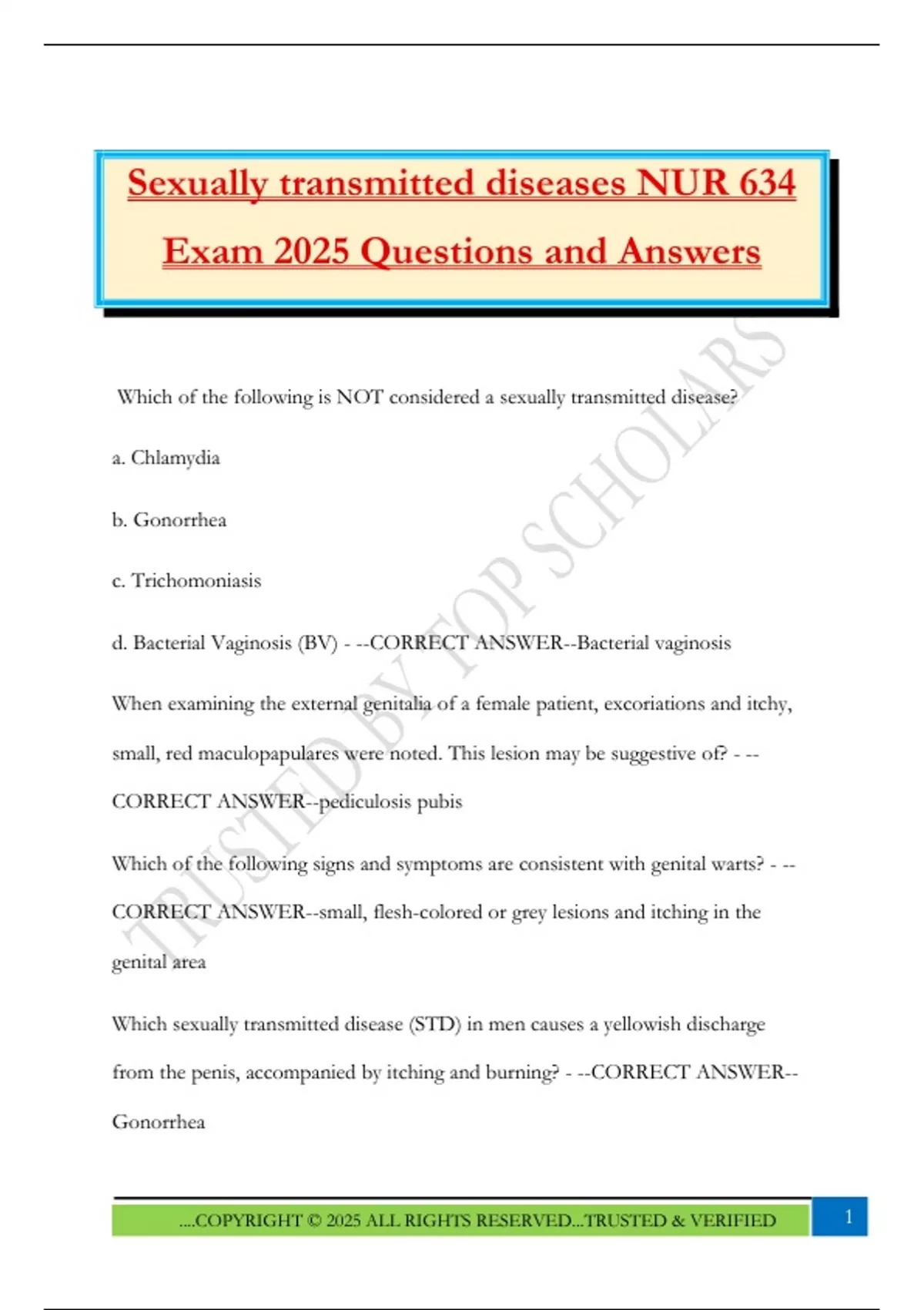 Sexually transmitted diseases NUR 634 Exam 2025 Questions and Answers ...