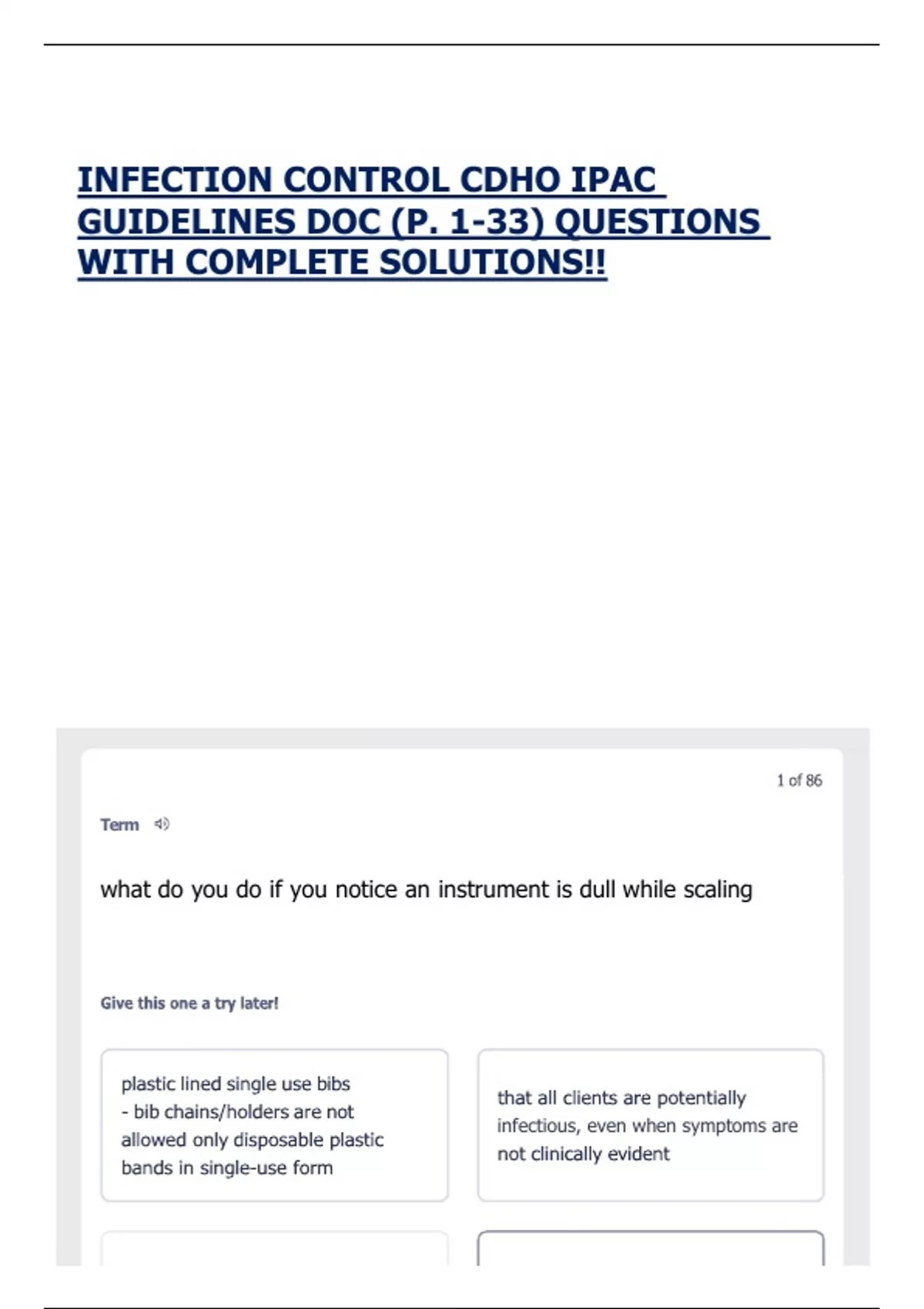 INFECTION CONTROL CDHO IPAC GUIDELINES DOC (P. 1-33) QUESTIONS WITH ...