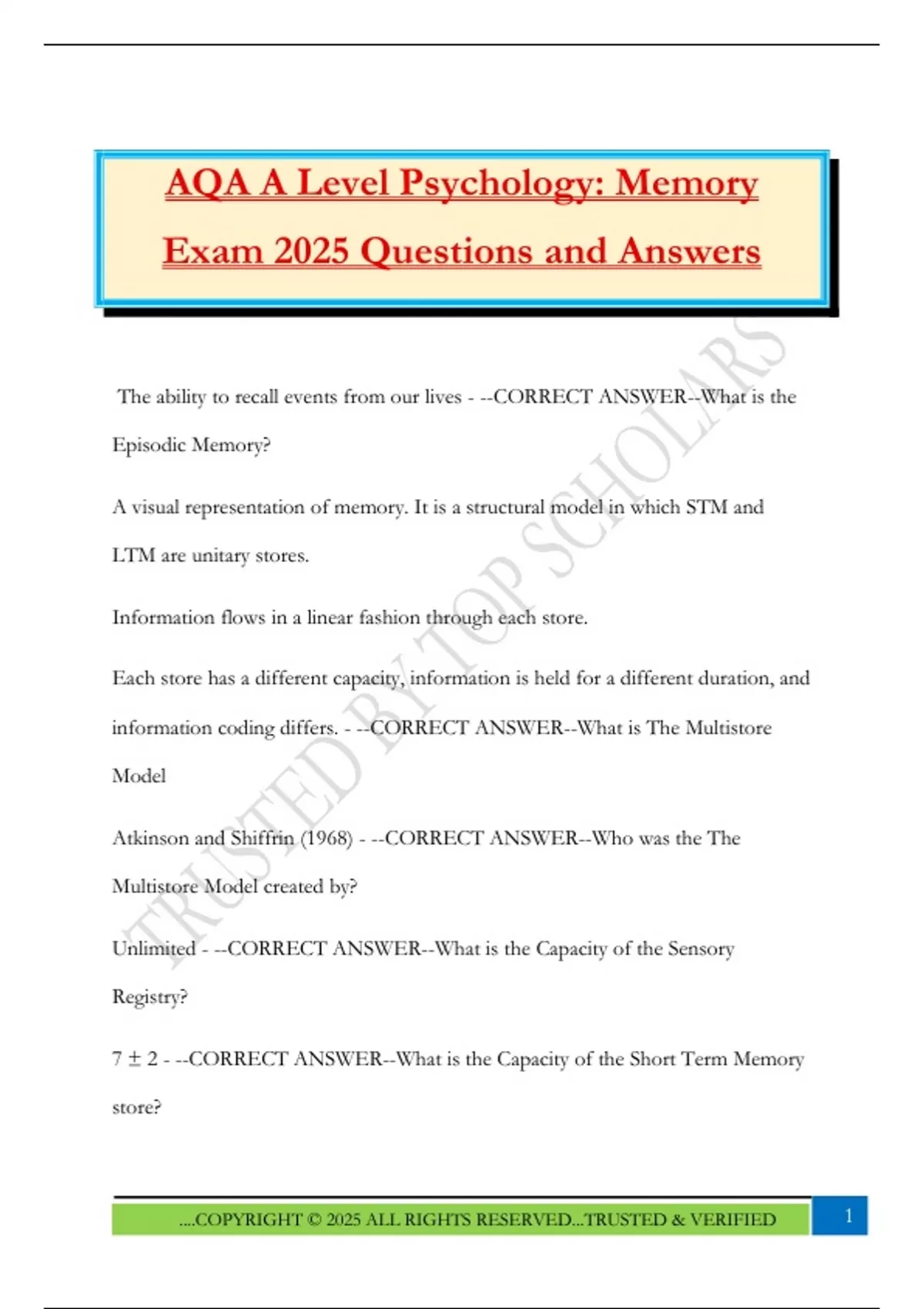 AQA A Level Psychology: Memory Exam 2025 Questions and Answers - AQA A ...