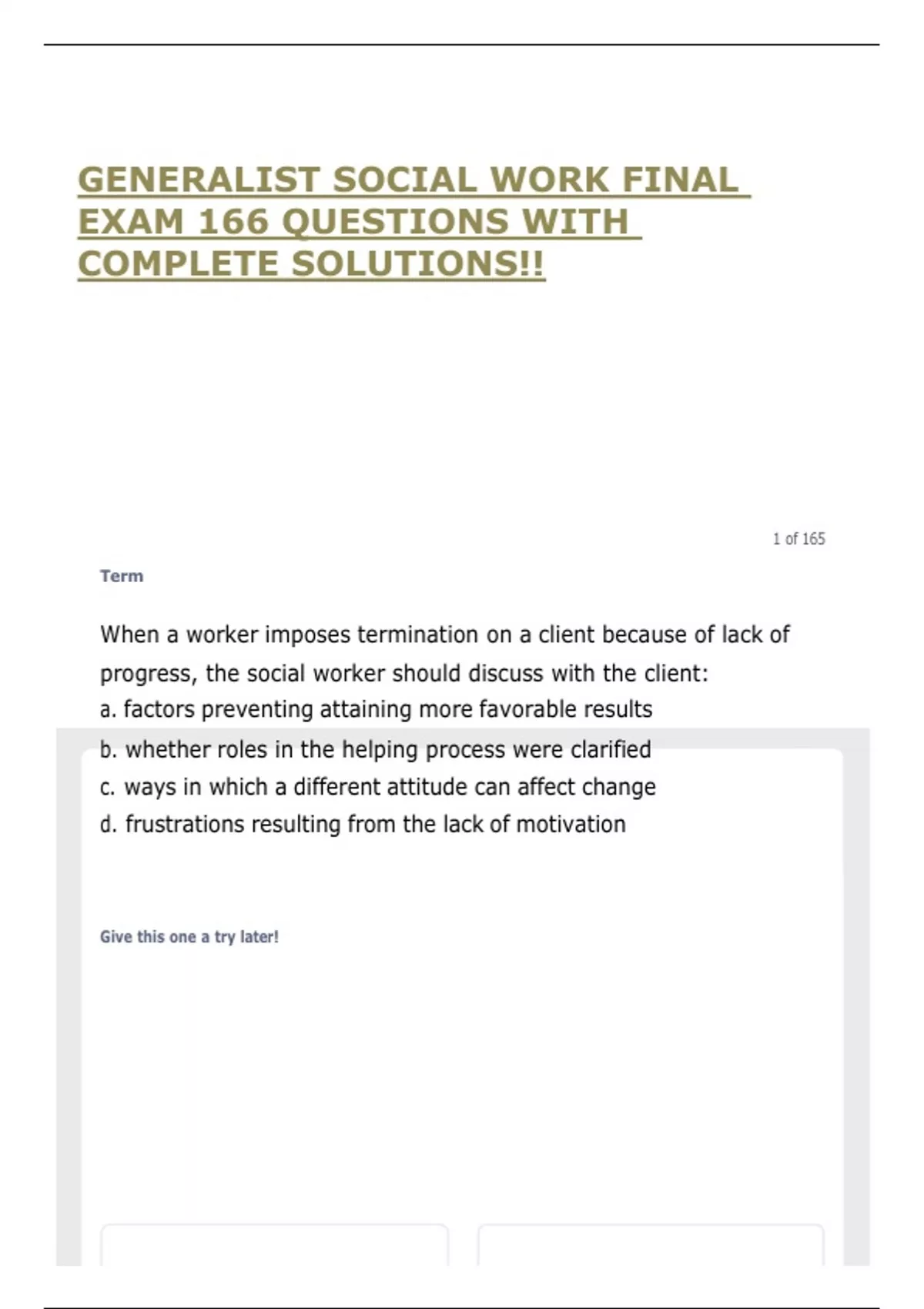 GENERALIST SOCIAL WORK FINAL EXAM 166 QUESTIONS WITH COMPLETE SOLUTIONS ...
