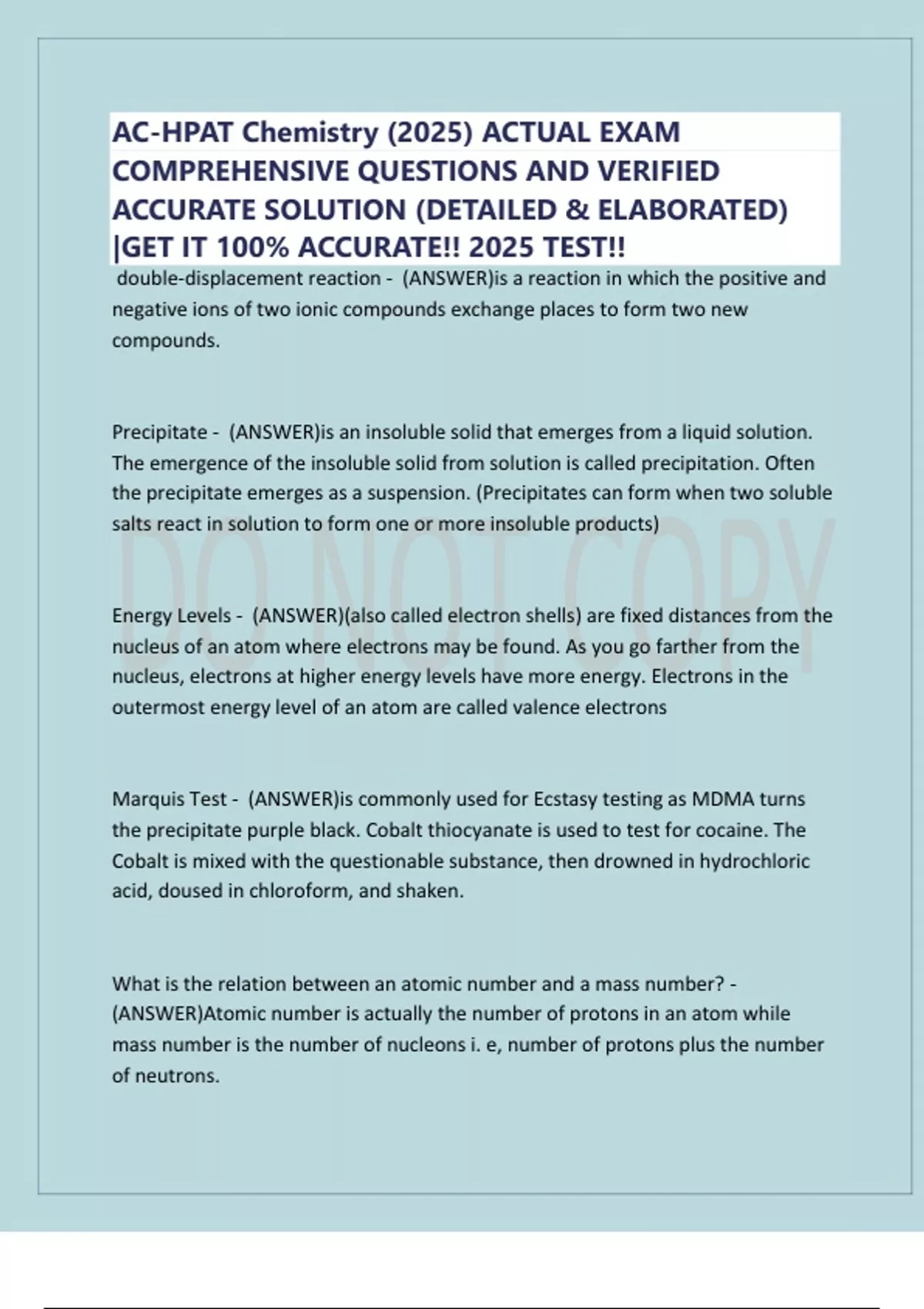 AC-HPAT Chemistry (2025) ACTUAL EXAM COMPREHENSIVE QUESTIONS AND ...