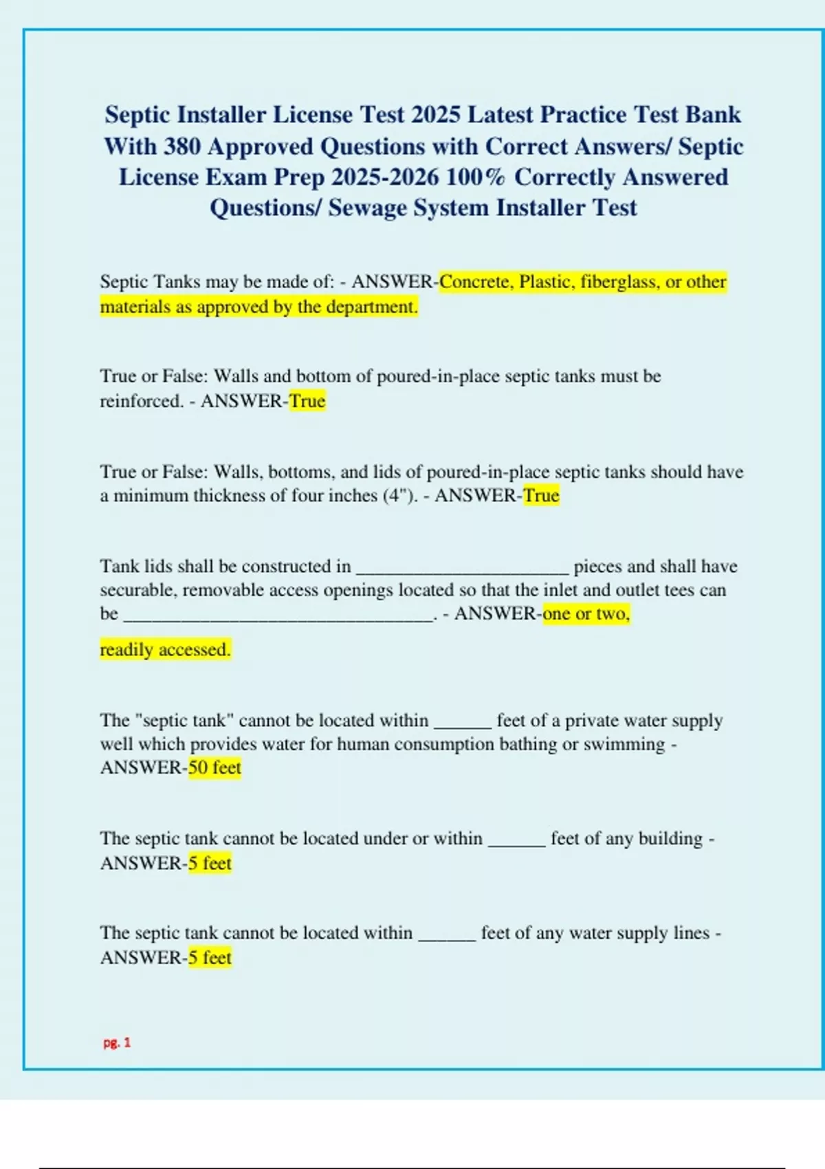 Septic Installer License Test 2025 Latest Practice Test Bank With 380 Approved Questions with ...
