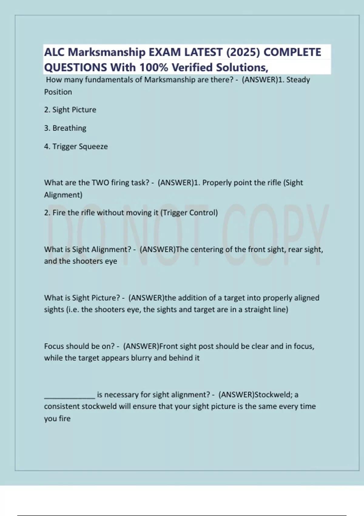 ALC Marksmanship EXAM LATEST (2025) COMPLETE QUESTIONS With 100% ...
