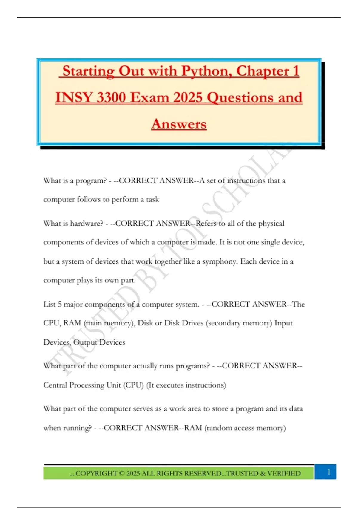 Starting Out with Python, Chapter 1 INSY 3300 Exam 2025 Questions and ...