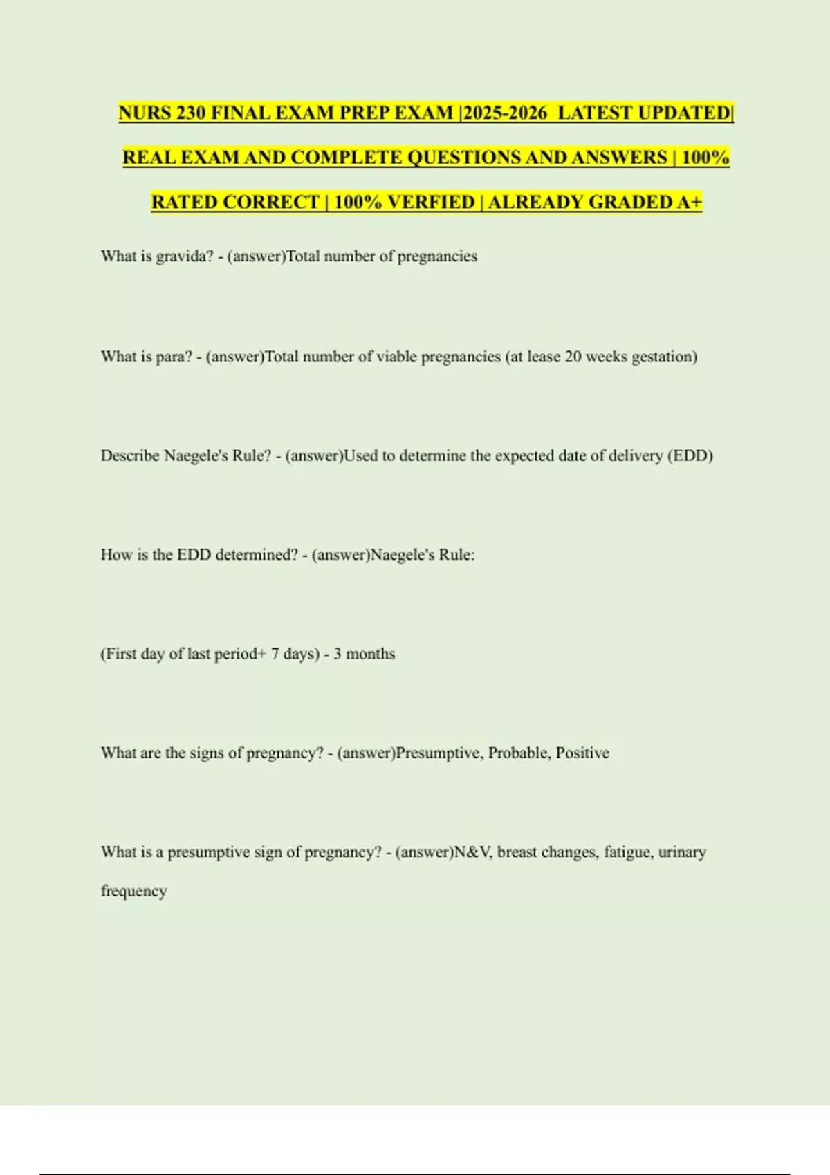 NURS 230 FINAL EXAM PREP EXAM | LATEST UPDATED| REAL EXAM AND COMPLETE ...