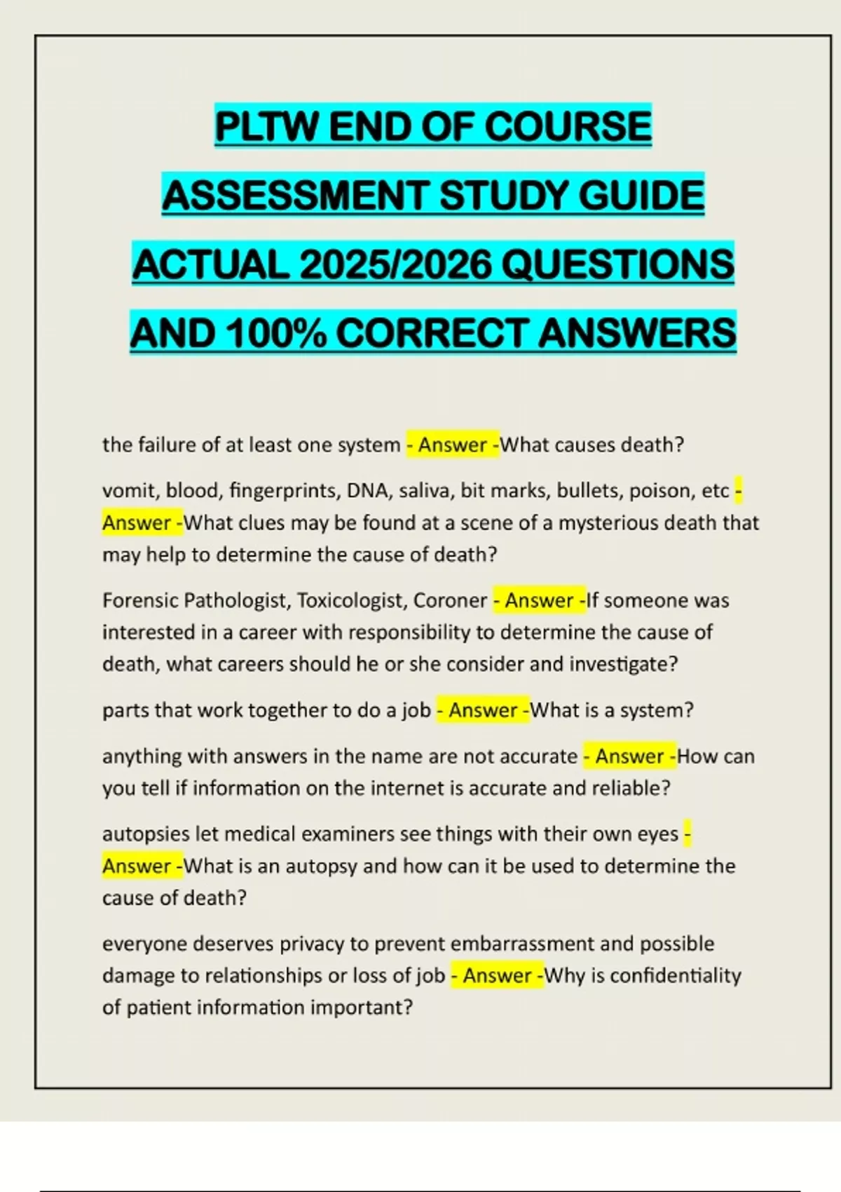 PLTW END OF COURSE ASSESSMENT STUDY GUIDE ACTUAL 2025/2026 QUESTIONS ...