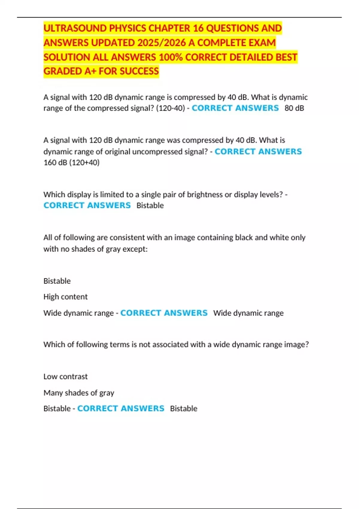 ULTRASOUND PHYSICS CHAPTER 16 QUESTIONS AND ANSWERS UPDATED 2025/2026 A ...