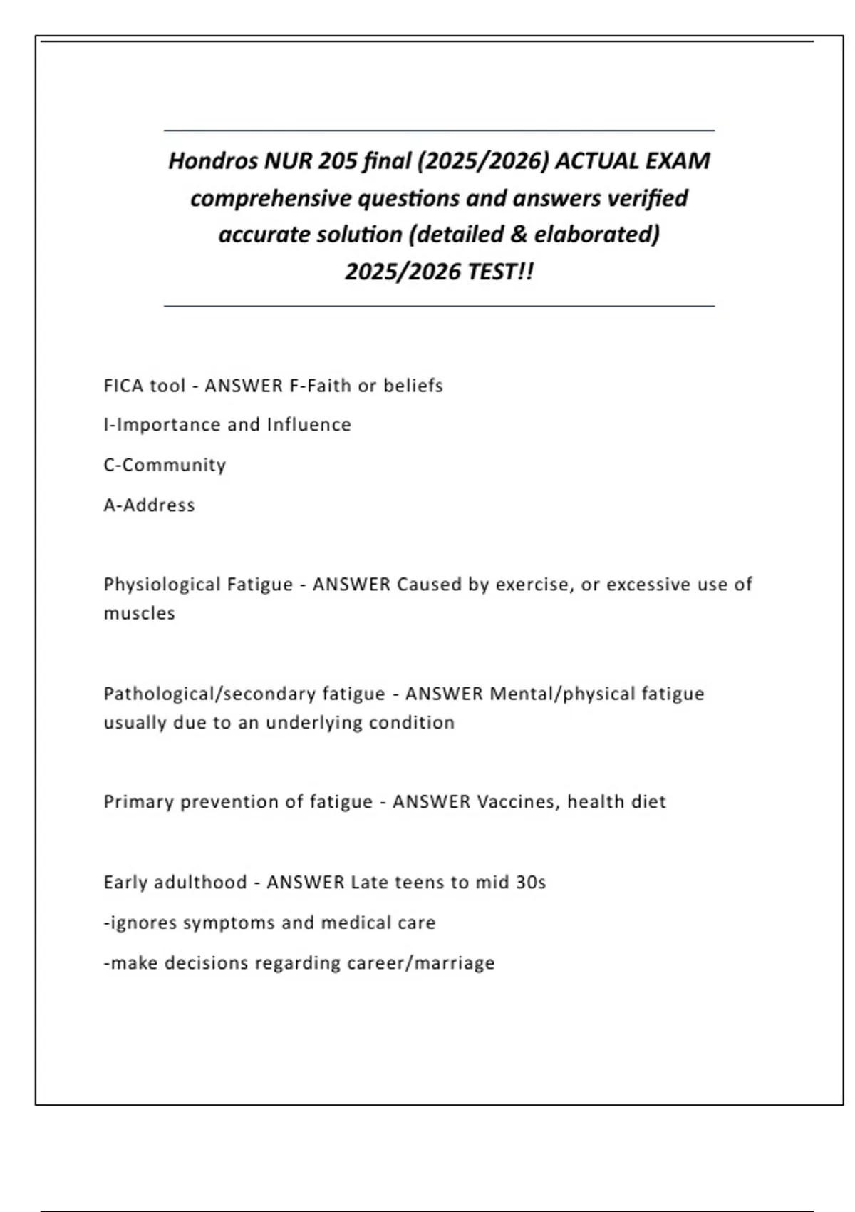 Hondros NUR 205 final (2025/2026) ACTUAL EXAM comprehensive questions ...