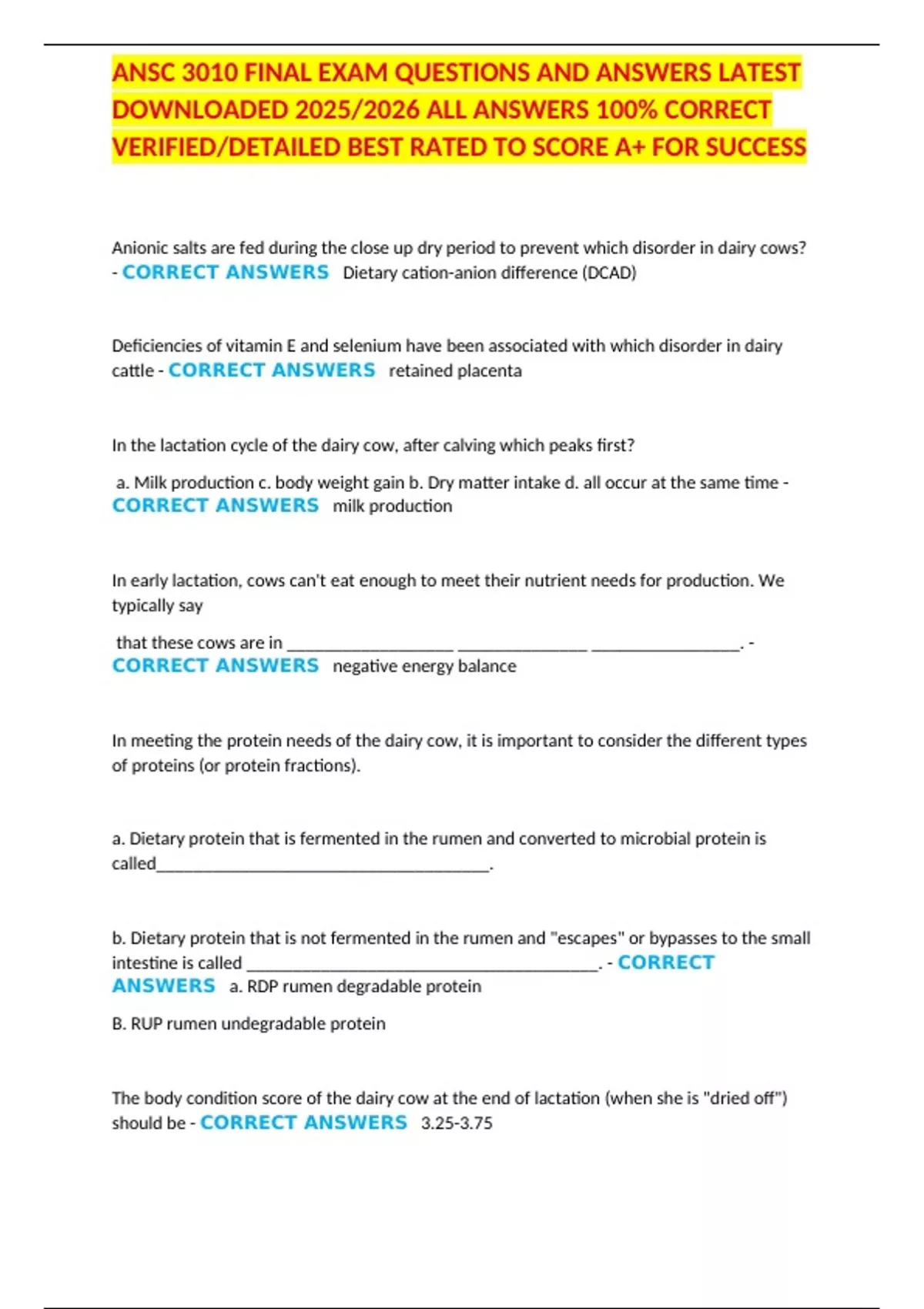 ANSC 3010 FINAL EXAM QUESTIONS AND ANSWERS LATEST DOWNLOADED 2025/2026 ...