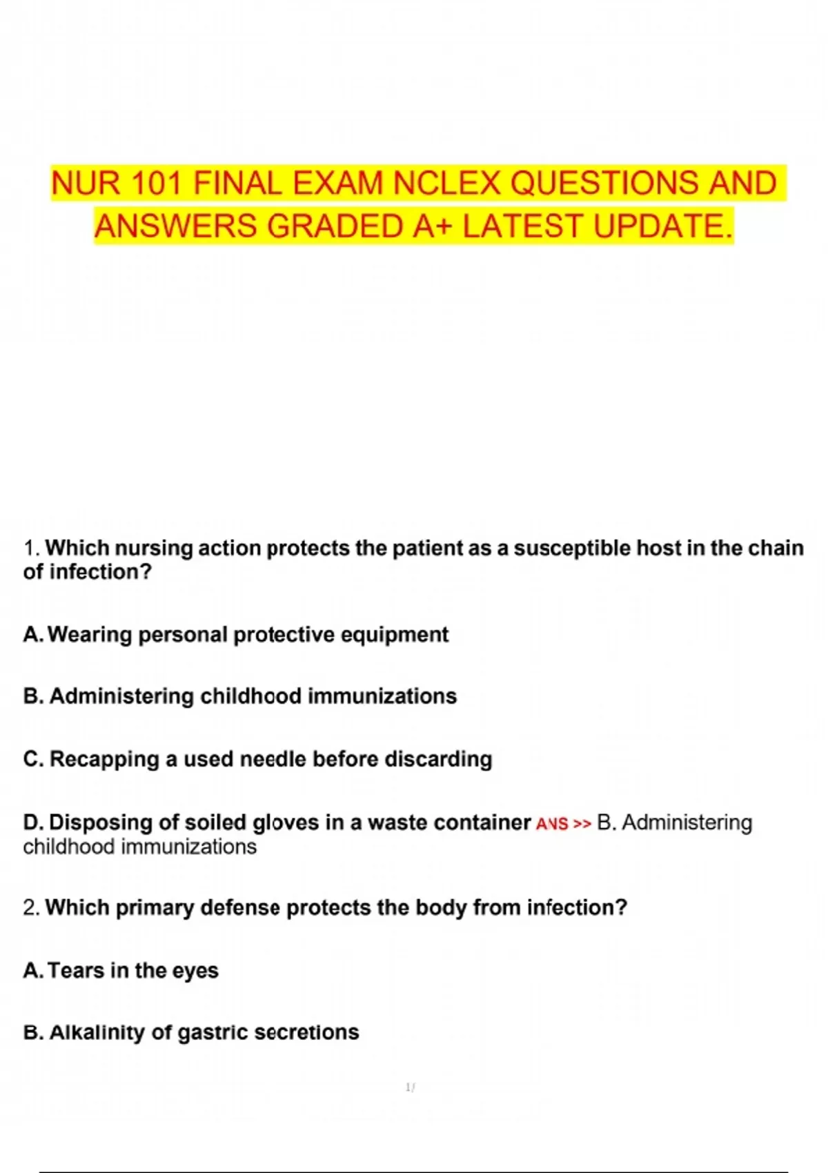 NUR 101 FINAL EXAM NCLEX QUESTIONS AND ANSWERS GRADED A+ LATEST UPDATE ...