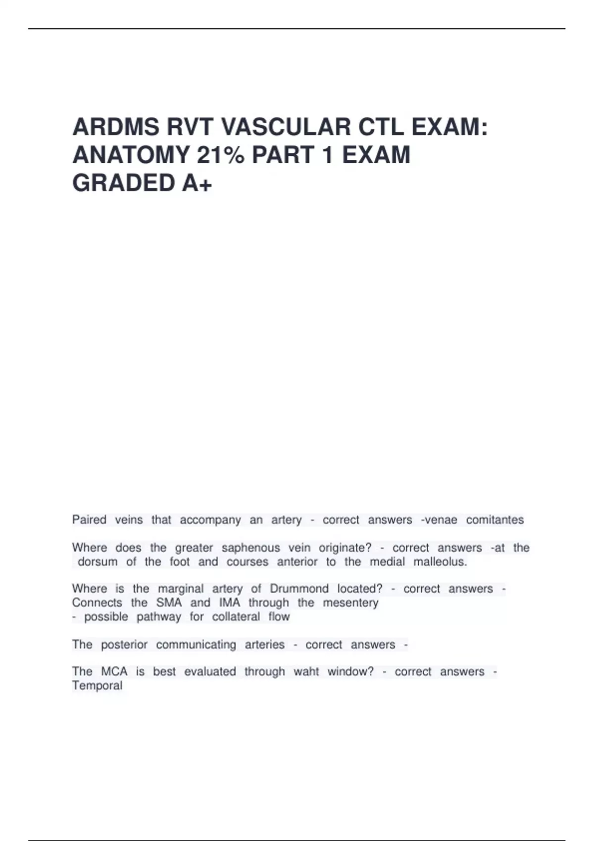 Ardms Rvt Exam Topics ARDMS RVT VASCULAR CTL EXAM - Anatomy 21- Part 1 - RVT ARDMS - Stuvia US
