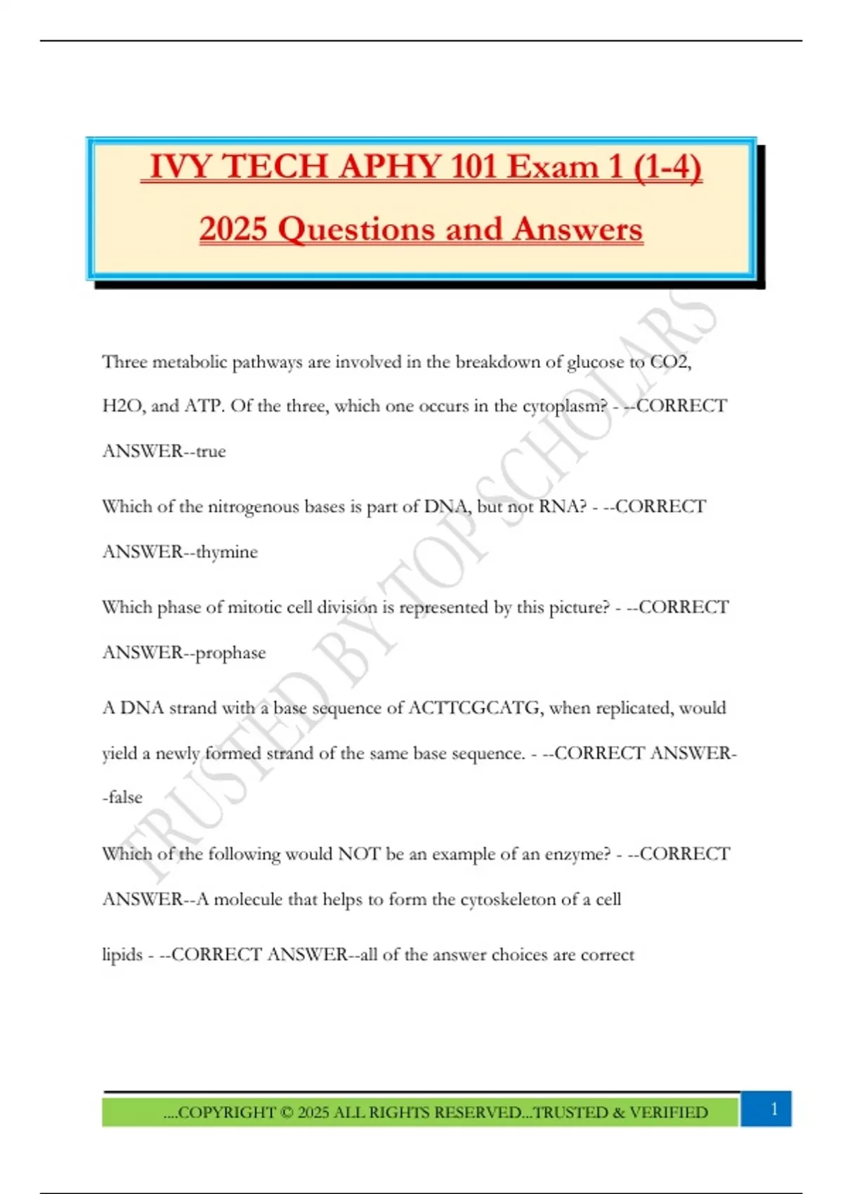 IVY TECH APHY 101 Exam 1 (1-4) 2025 Questions and Answers - APHY 101 ...