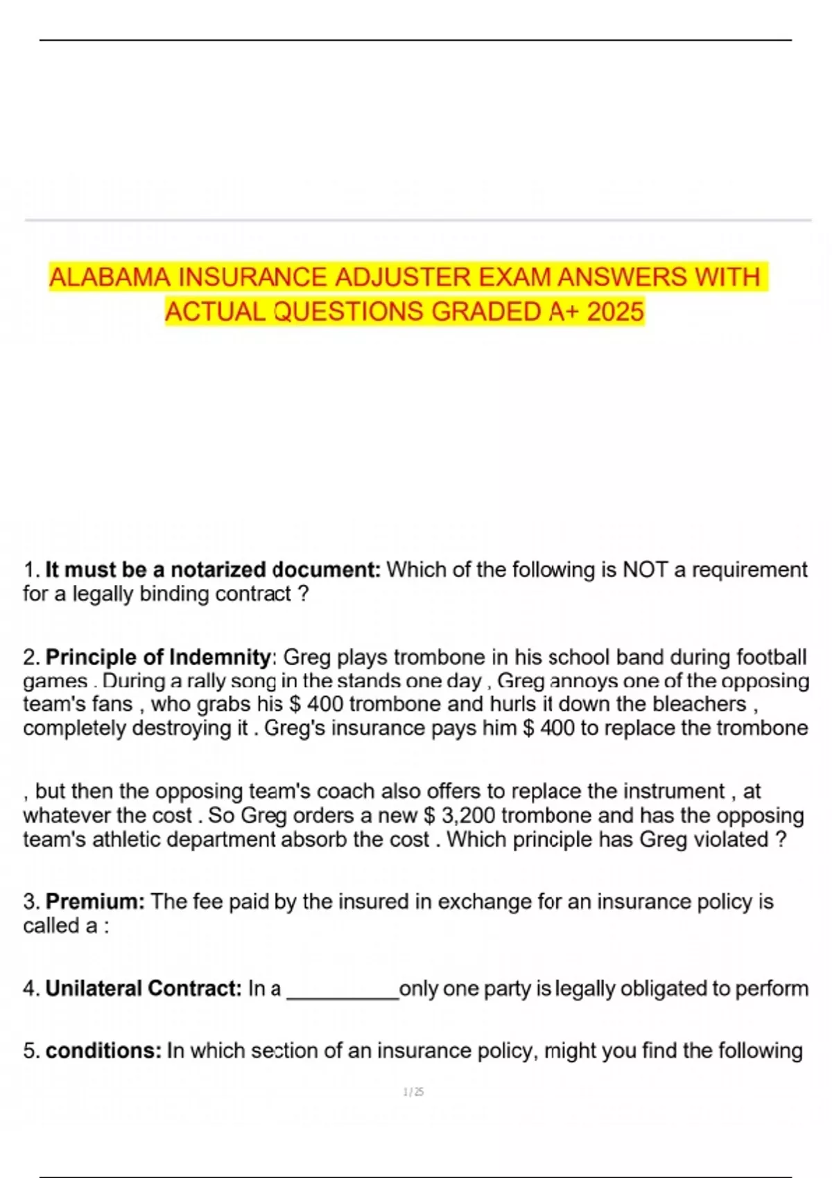ALABAMA INSURANCE ADJUSTER EXAM ANSWERS WITH ACTUAL QUESTIONS GRADED A+ ...