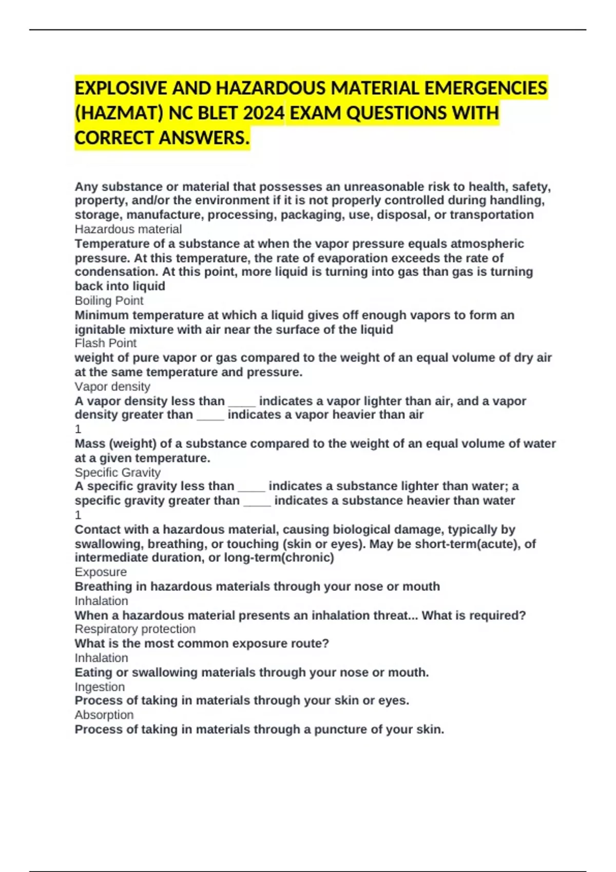 EXPLOSIVE AND HAZARDOUS MATERIAL EMERGENCIES (HAZMAT) NC BLET 2024 EXAM ...