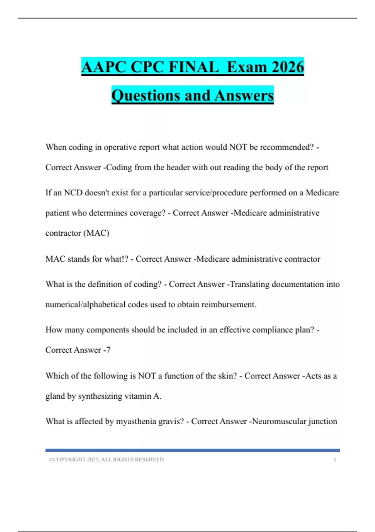 AAPC CPC FINAL Exam 2026 Questions and Answers - AAPC - Stuvia US