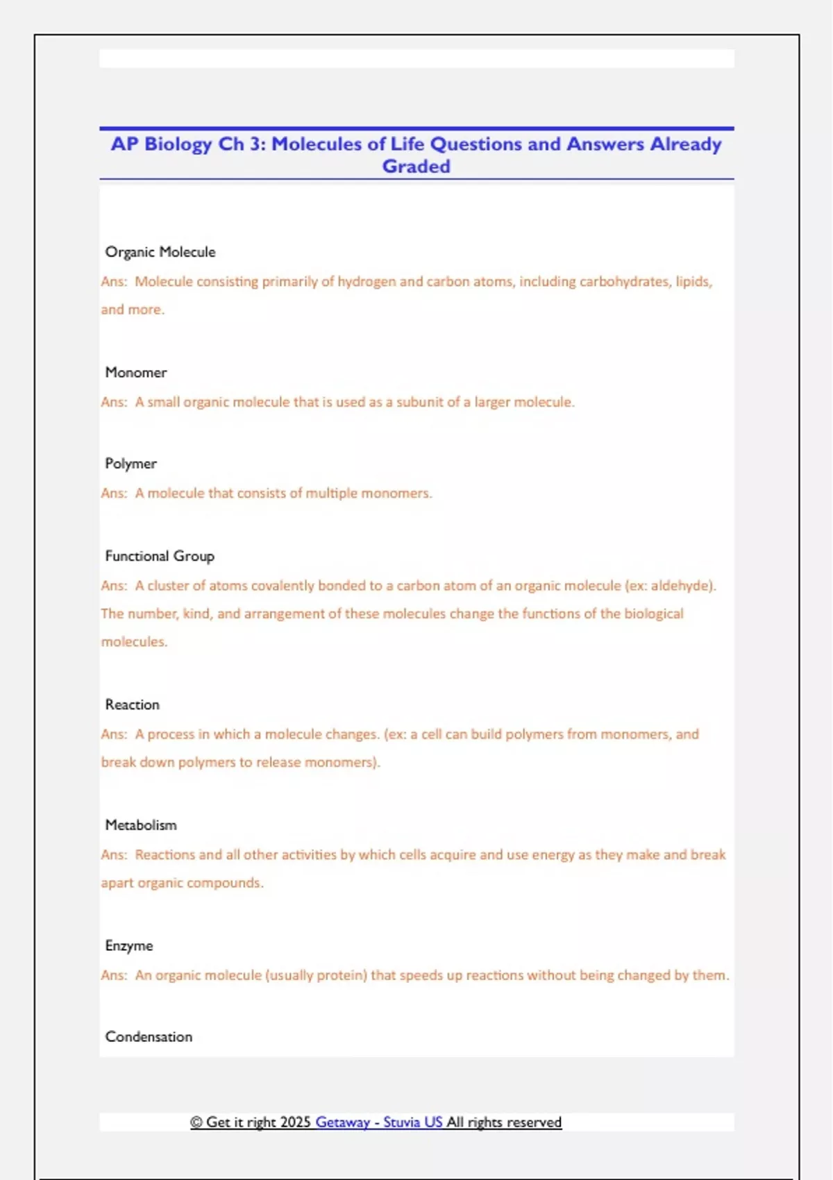 AP Biology Ch 3: Molecules of Life Questions and Answers Already Graded ...