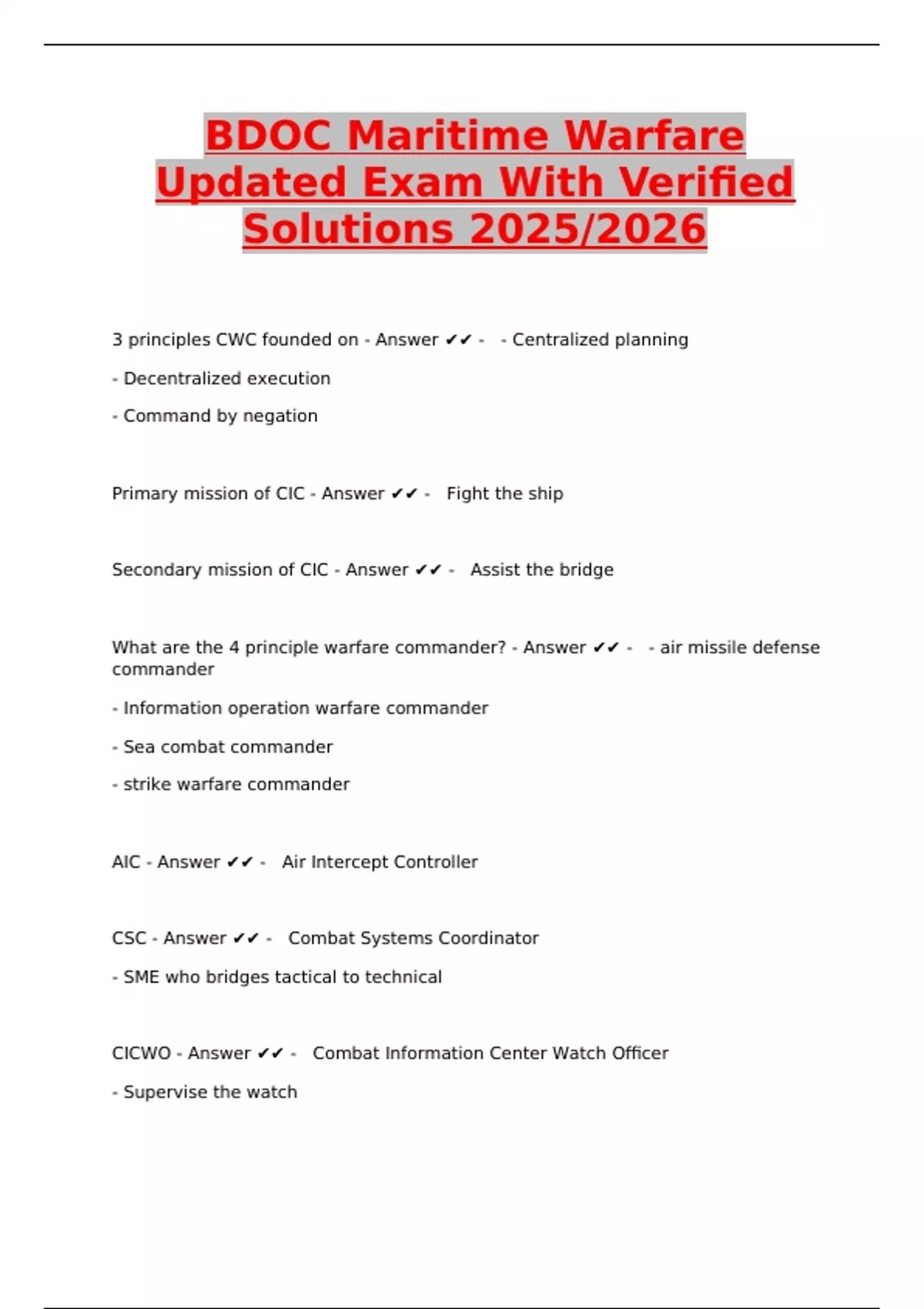 BDOC Maritime Warfare Updated Exam 2025/2026 – Verified Solutions for ...