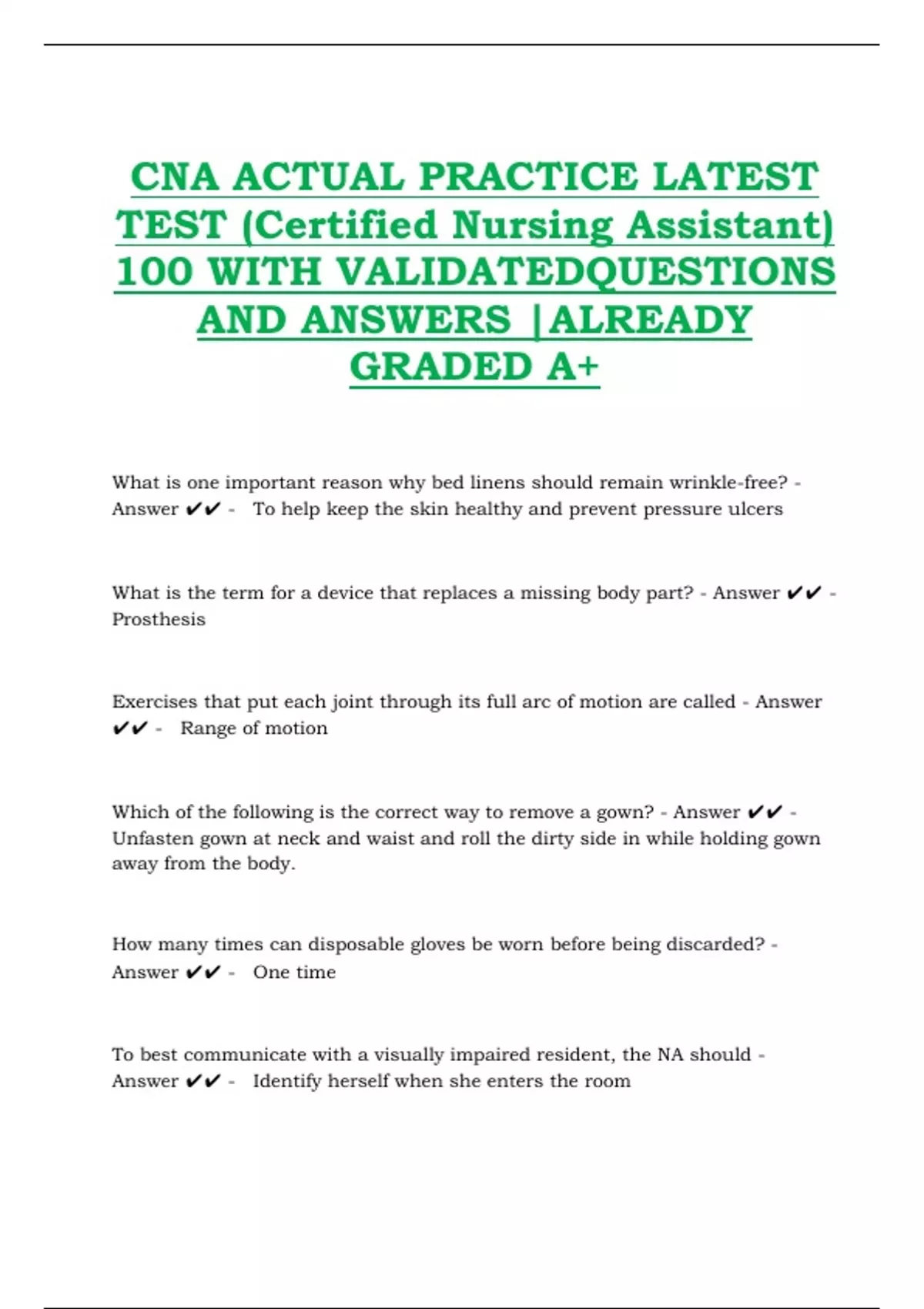 CNA Actual Practice Latest Test 2025/2026 – 100 Validated Questions and ...