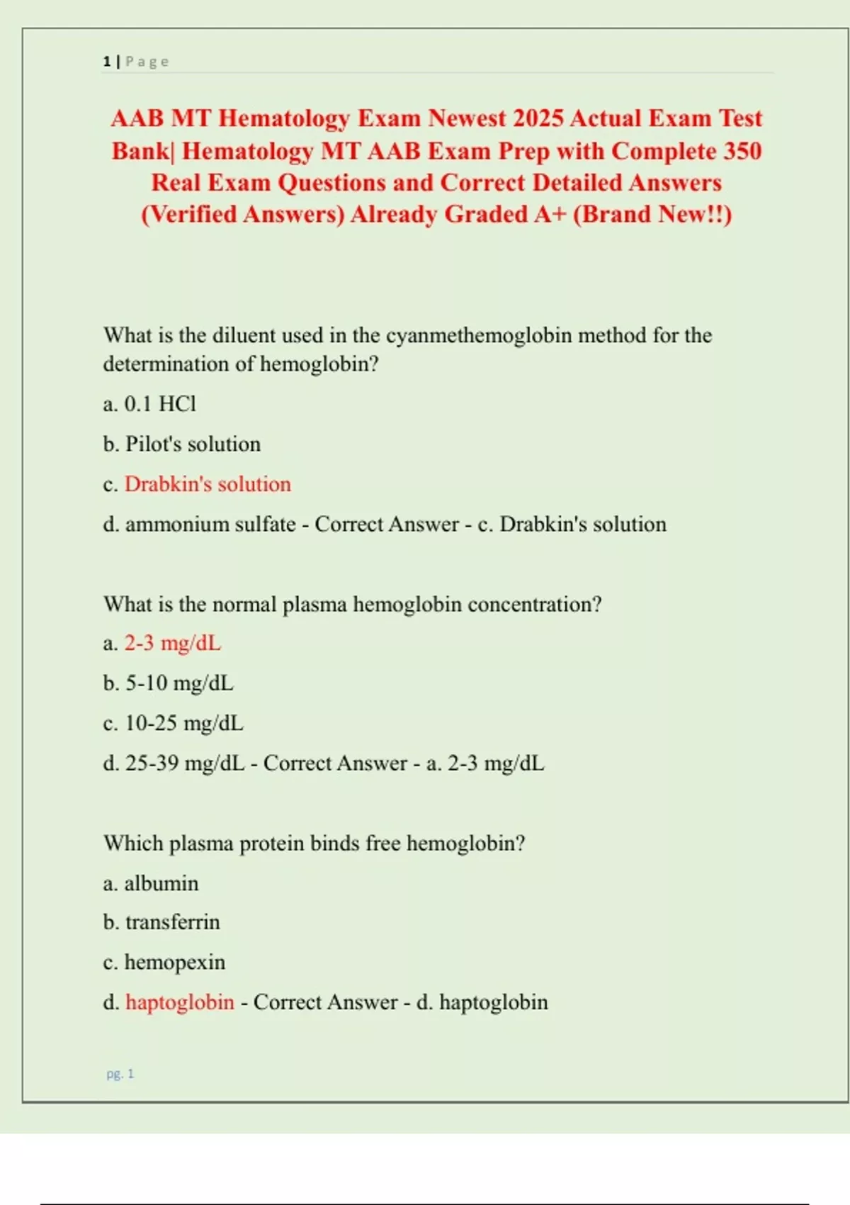 AAB MT Hematology Exam Newest 2025 Actual Exam Test Bank| Hematology MT ...