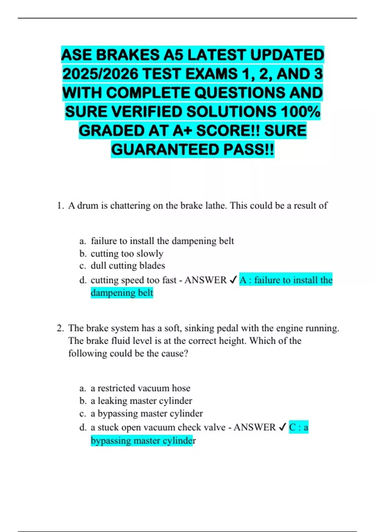 ASE BRAKES A5 LATEST UPDATED 2025/2026 TEST EXAMS 1, 2, AND 3 WITH ...
