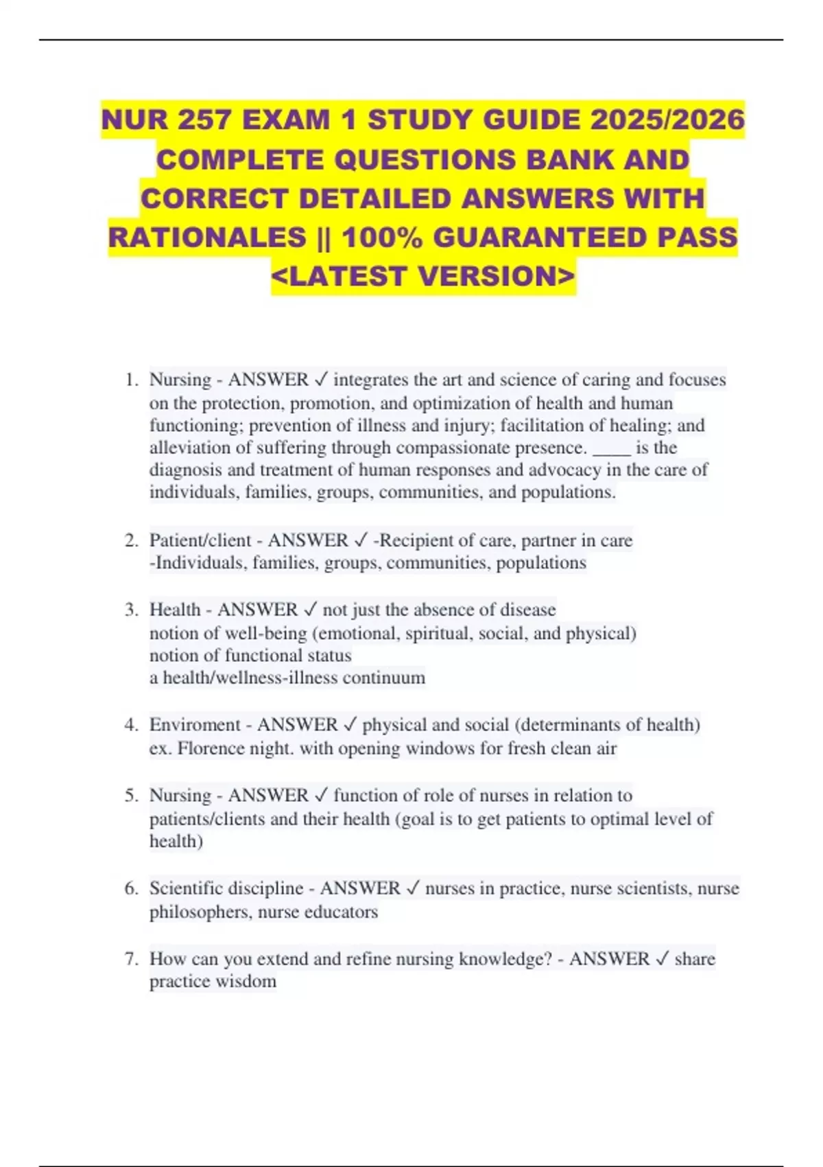 NUR 257 EXAM 1 STUDY GUIDE 2025/2026 COMPLETE QUESTIONS BANK AND ...