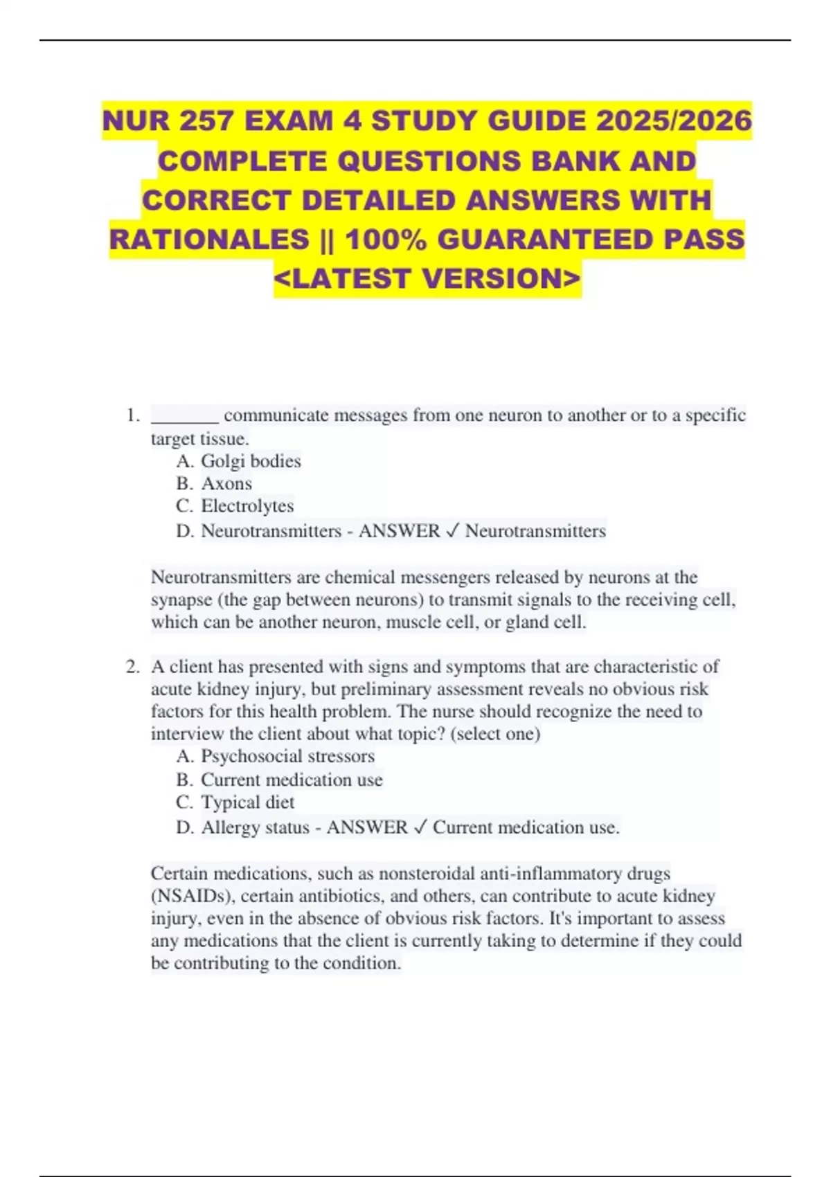 NUR 257 EXAM 4 STUDY GUIDE 2025/2026 COMPLETE QUESTIONS BANK AND ...