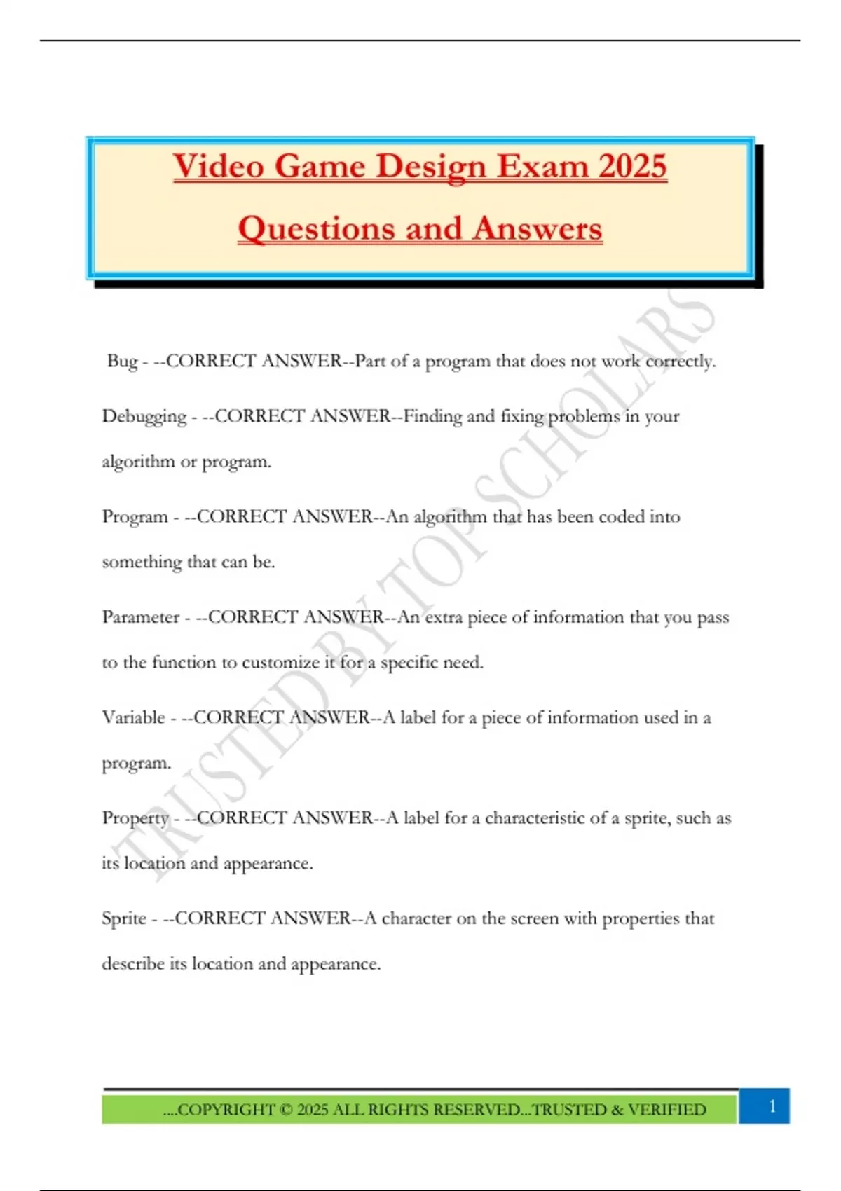 Video Game Design Exam 2025 Questions and Answers - Video Game Design ...