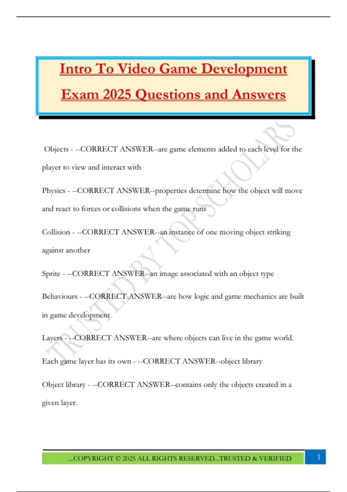 Intro To Video Game Development Exam 2025 Questions and Answers - Video ...