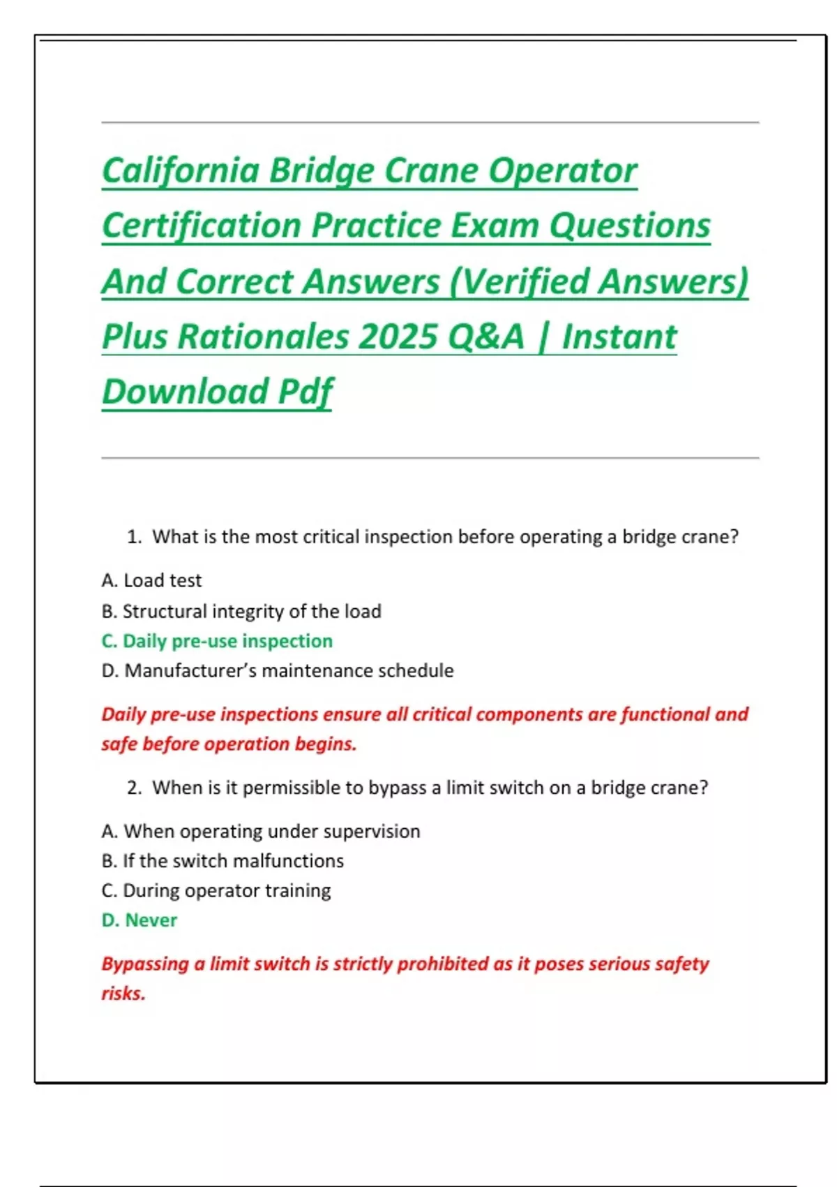 California Bridge Crane Operator Certification Practice Exam Questions ...