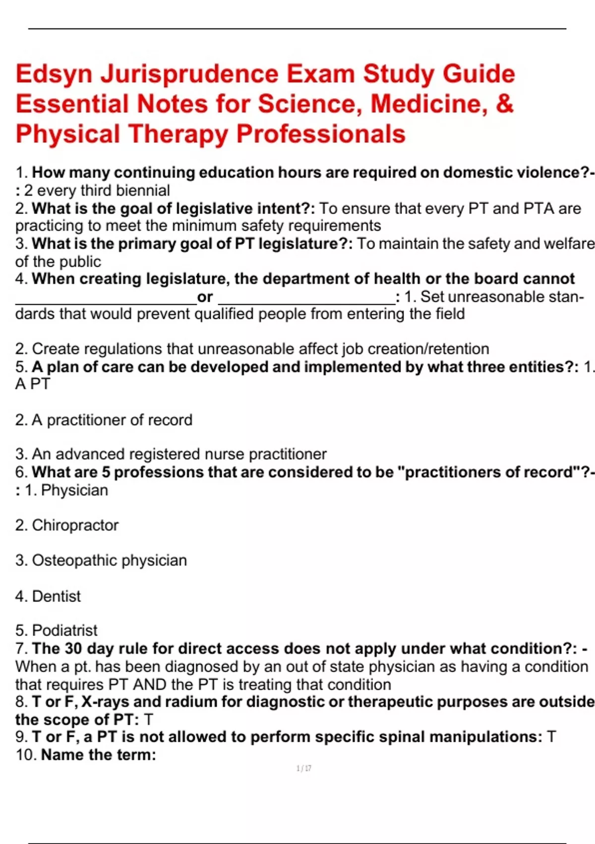Edsyn Jurisprudence Exam Study Guide Essential Notes for Science, Medicine, &amp; Physical Therapy ...