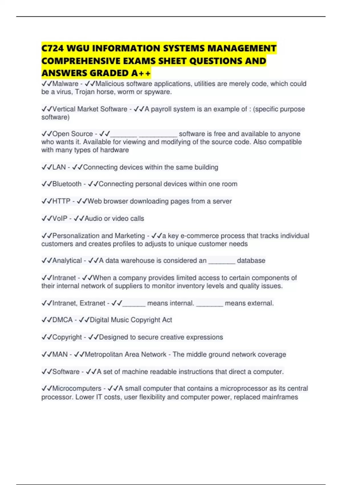 C724 WGU INFORMATION SYSTEMS MANAGEMENT COMPREHENSIVE EXAMS SHEET ...