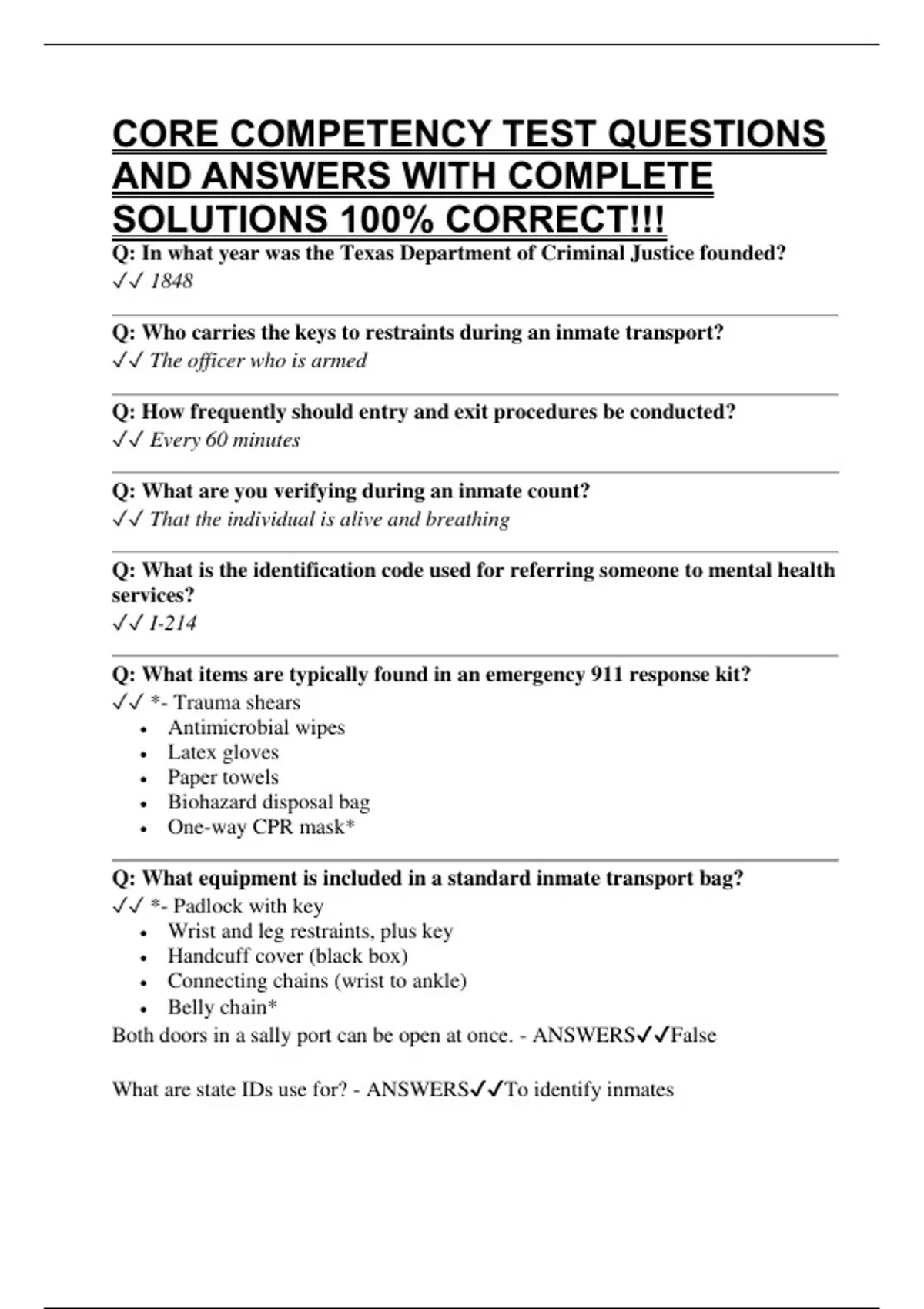 CORE COMPETENCY TEST QUESTIONS AND ANSWERS WITH COMPLETE SOLUTIONS 100% ...