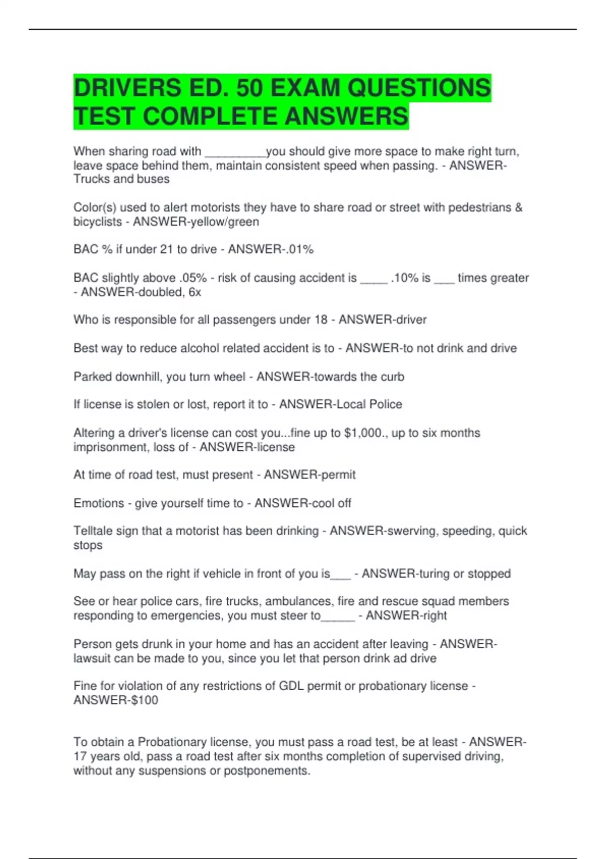 Drivers Ed Answer Key DRIVERS ED. 50 EXAM QUESTIONS TEST COMPLETE ANSWERS - Driver\\\'s ED ...