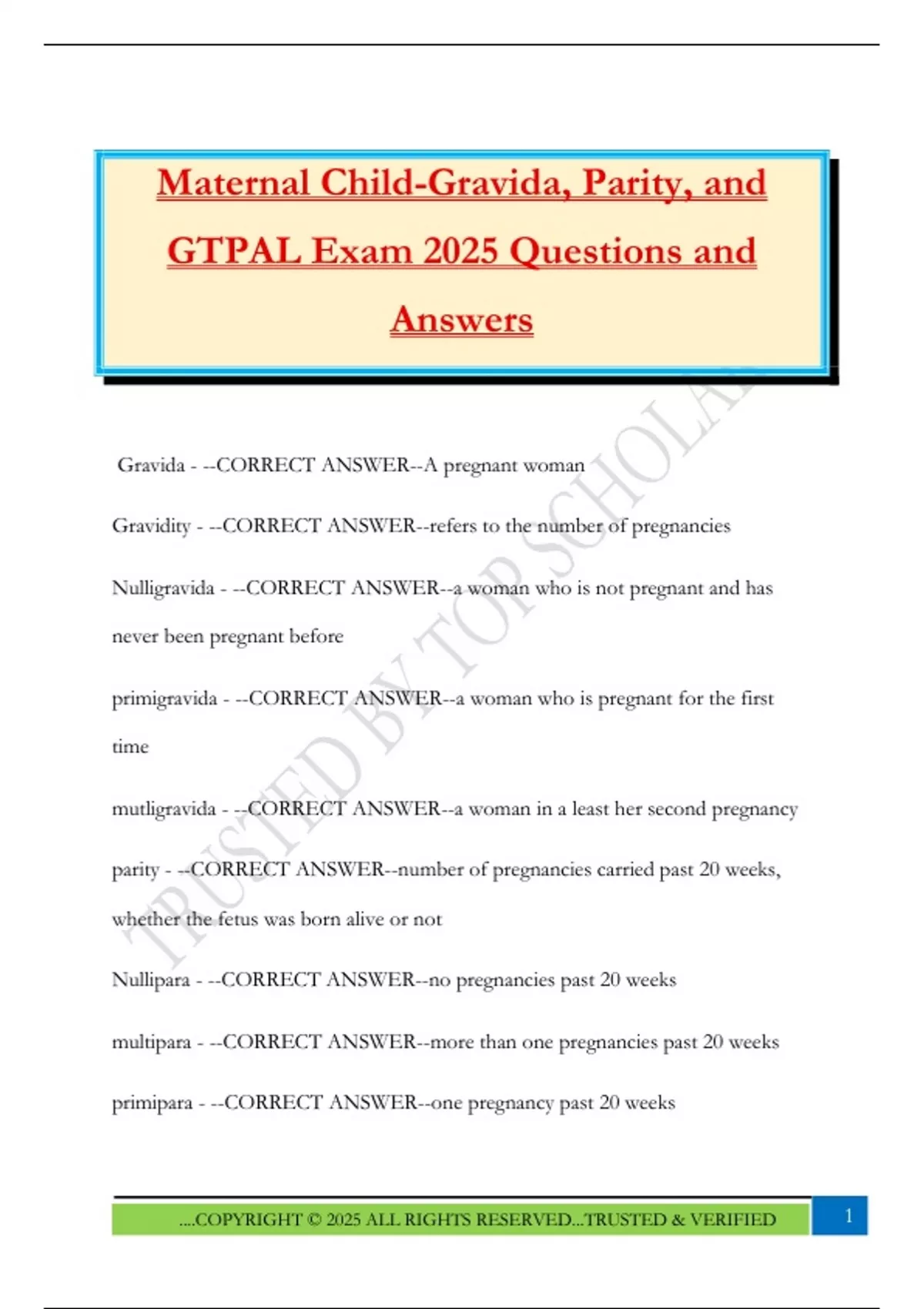 Gtpal Examples Maternal Child-Gravida, Parity, and GTPAL Exam 2025 Questions and ...