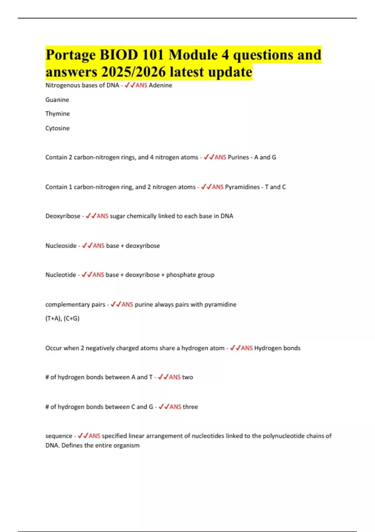 Portage BIOD 101 Module 4 questions and answers 2025/2026 latest update ...