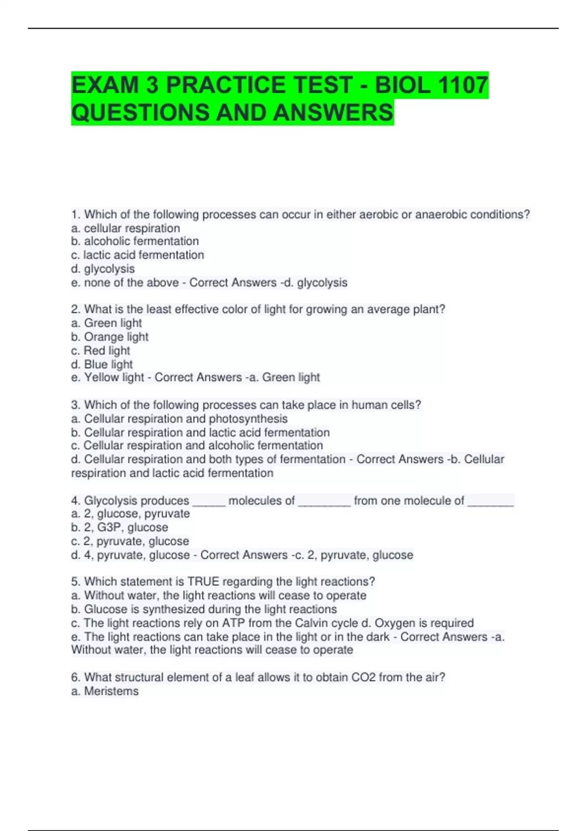 EXAM 3 PRACTICE TEST - BIOL 1107 QUESTIONS AND ANSWERS - BIOLOGY 1107 ...