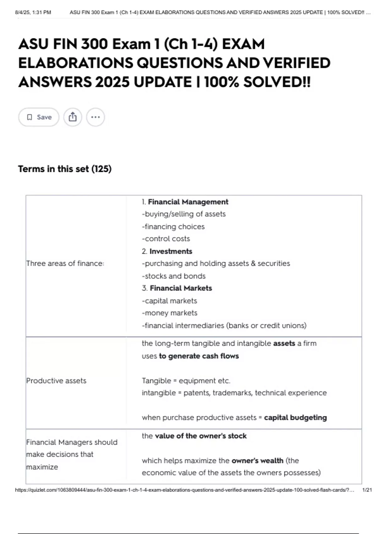 ASU FIN 300 Exam 1 (Ch 1-4) EXAM ELABORATIONS QUESTIONS AND VERIFIED ...